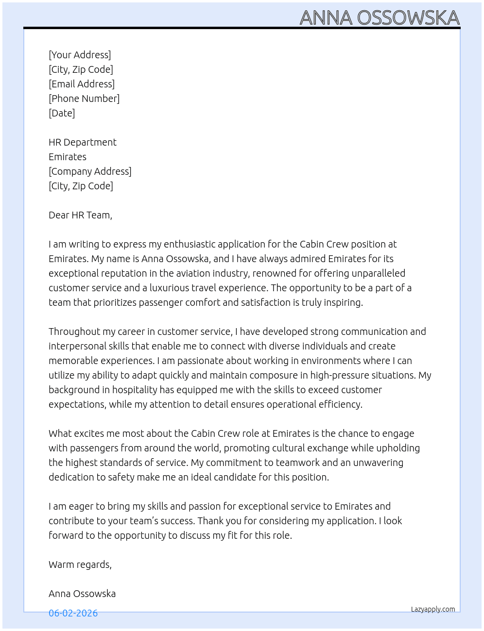 cabin crew At Emirates Cover Letter