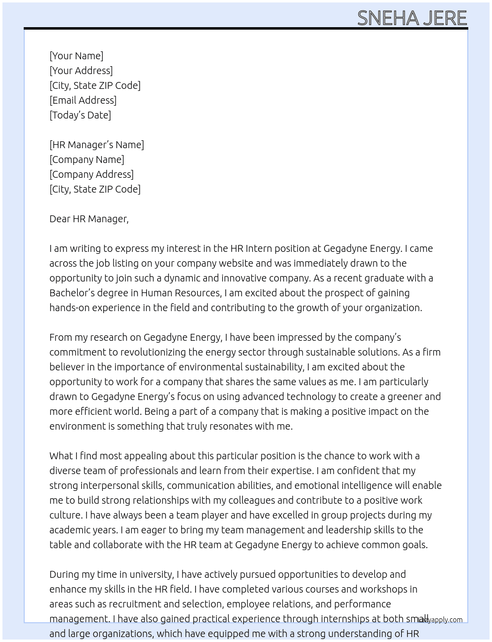 HR Intern At Gegadyne Energy Cover Letter