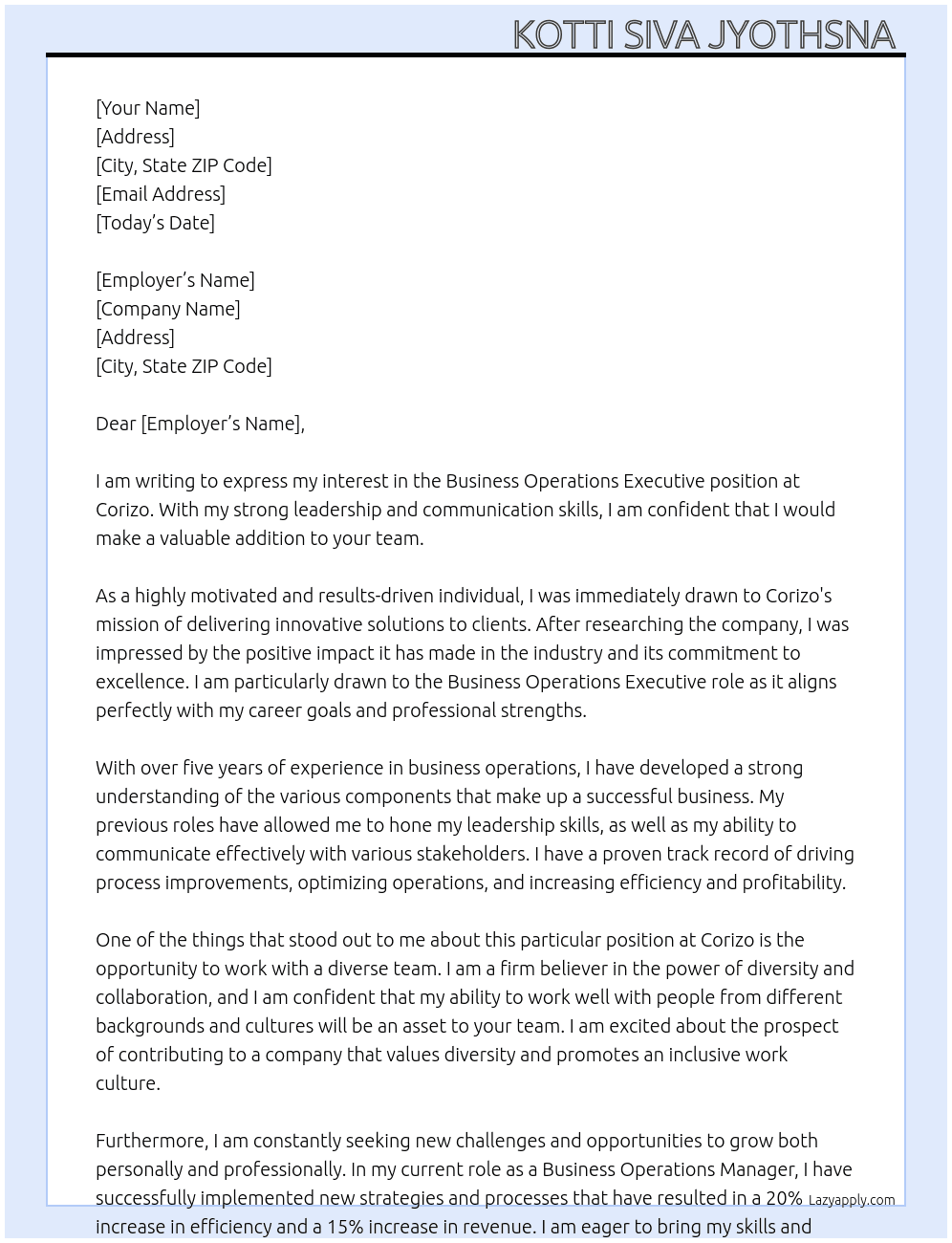 Business operations executive  At Corizo Cover Letter
