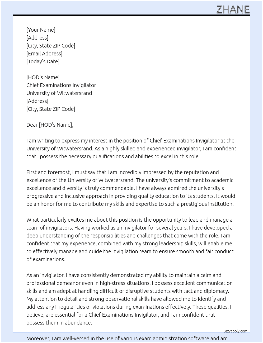 Chief Examinations Invigilator  At University of Witwatersrand  Cover Letter