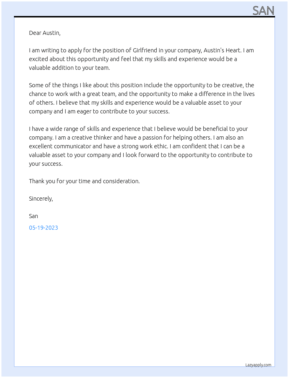 Girlfriend At Austin's Heart Cover Letter