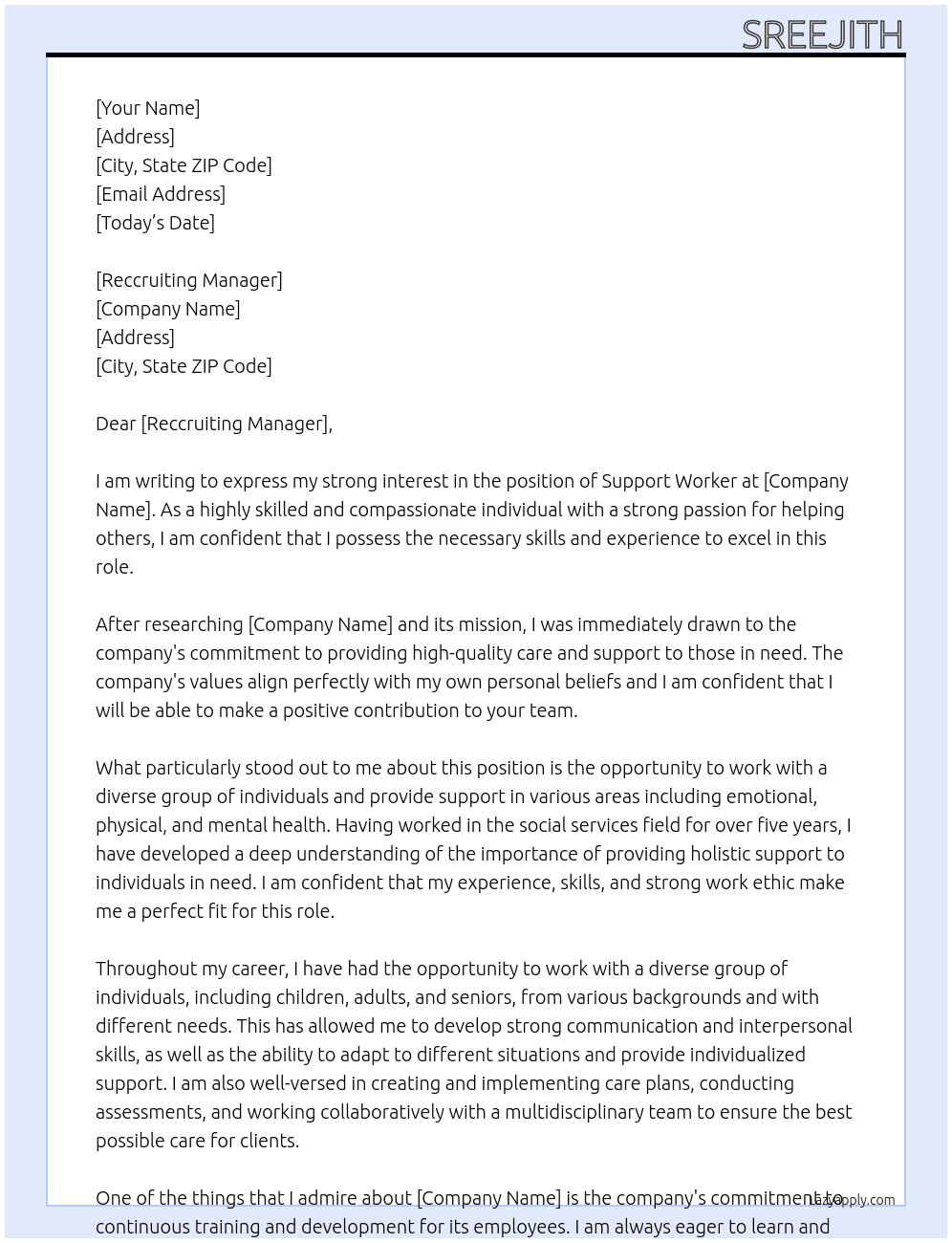 Support Worker At Reccruiting Manager Cover Letter