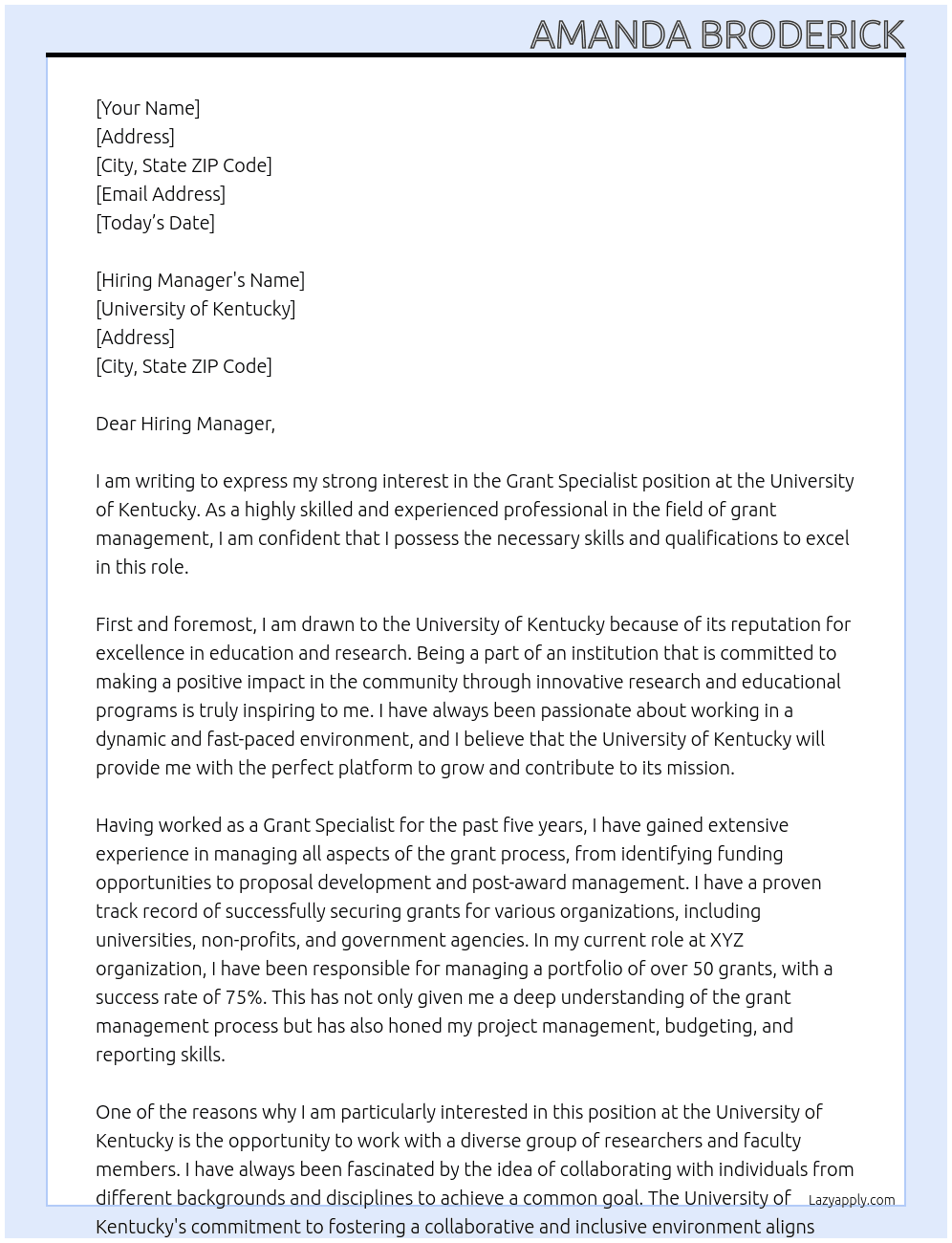 Grant Specialist At University of Kentucky Cover Letter