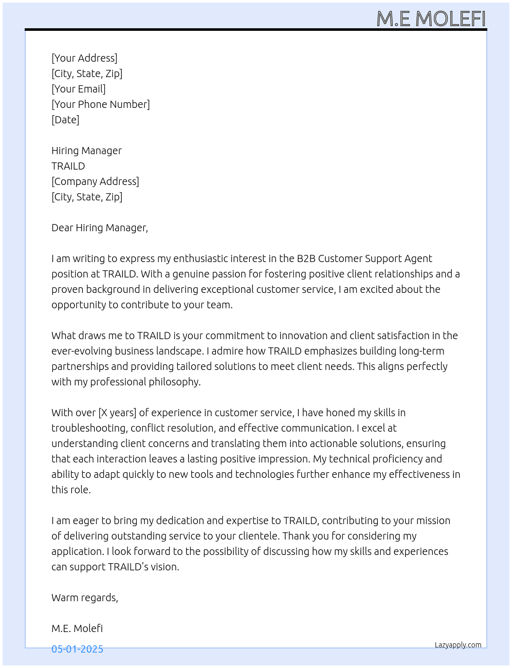 B2B customer support agent At TRAILD  Cover Letter