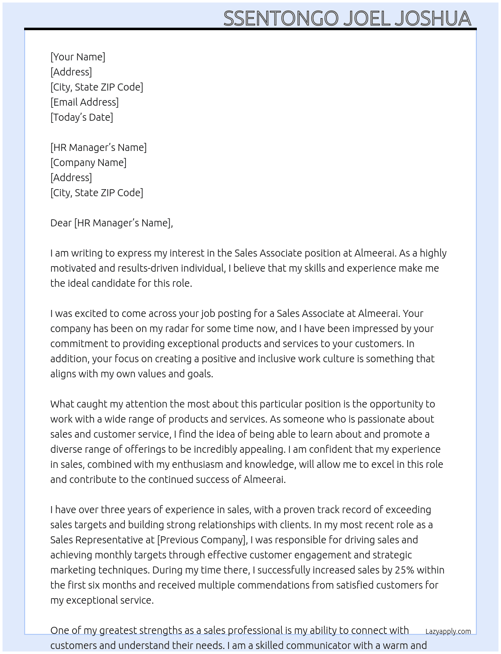 Sales associate  At Almeerai Cover Letter