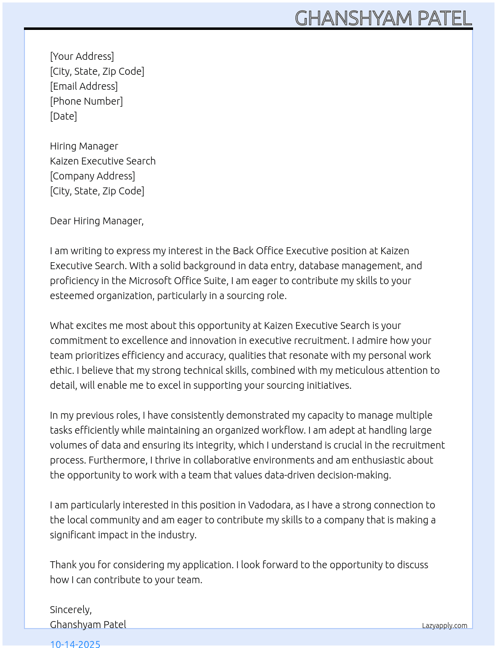 Cover letter for back office executive - LazyApply