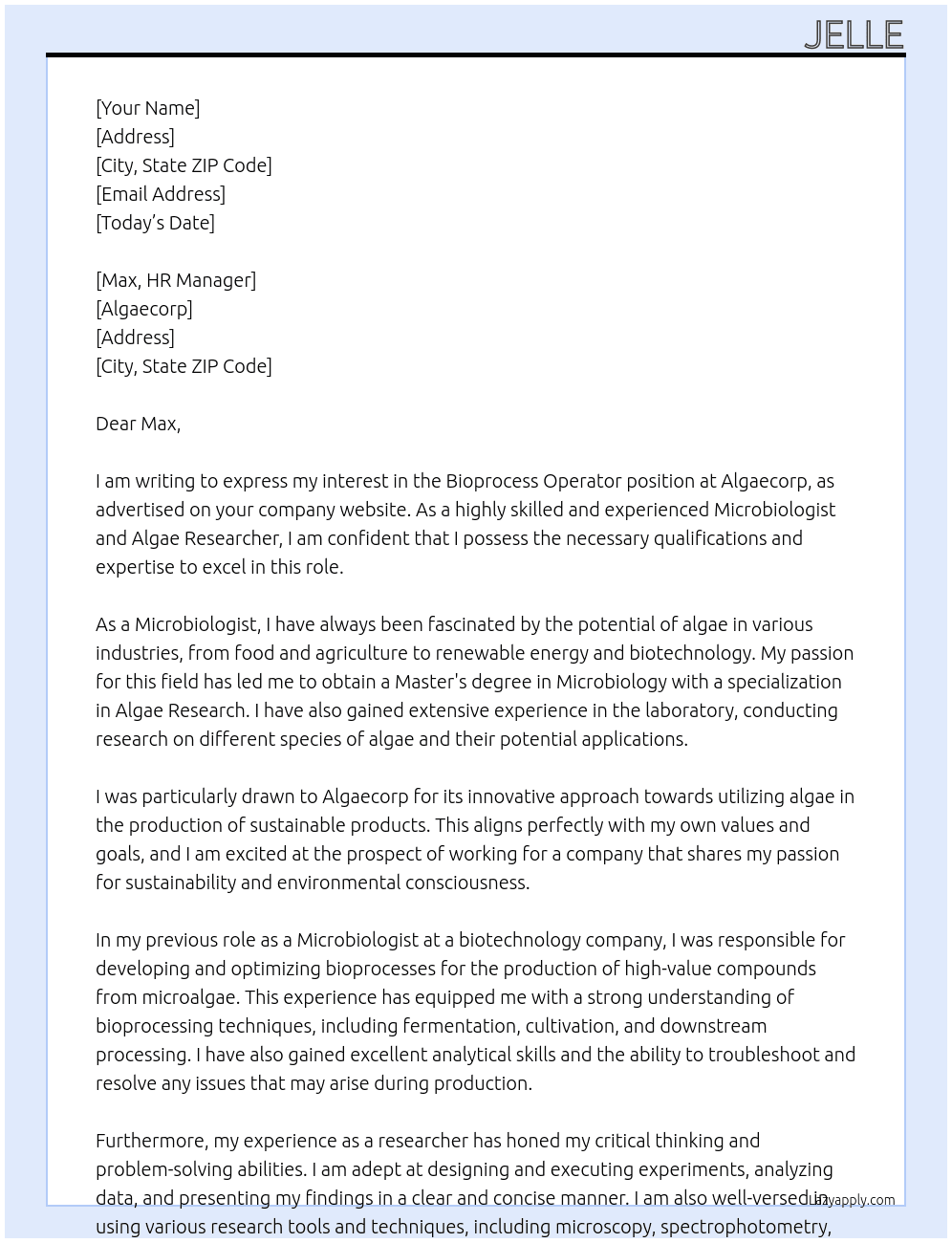 Bioprocess operator At Algaecorp Cover Letter