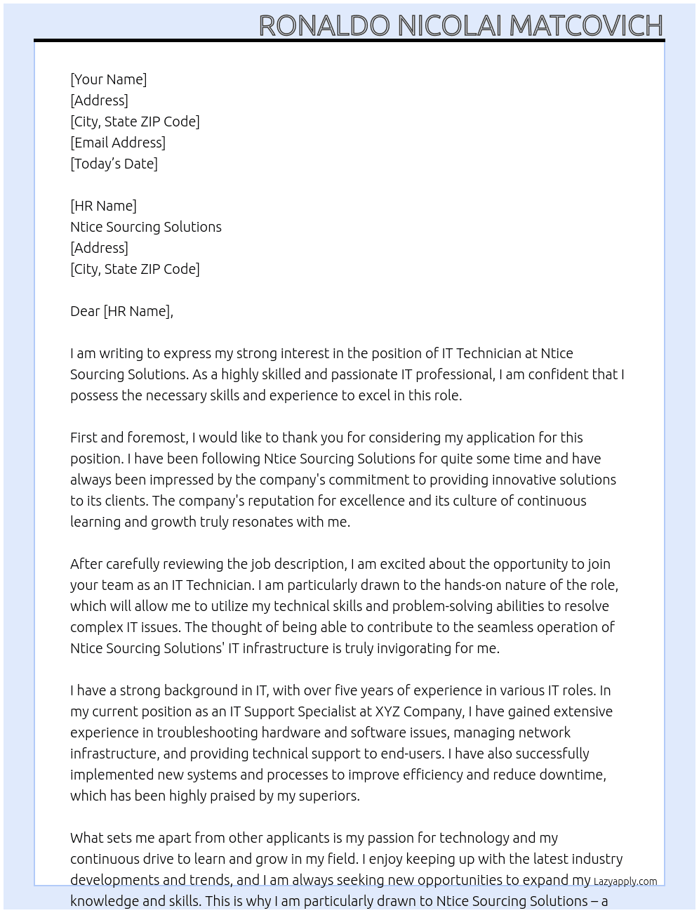 IT Technician At Ntice Sourcing Solutions Cover Letter