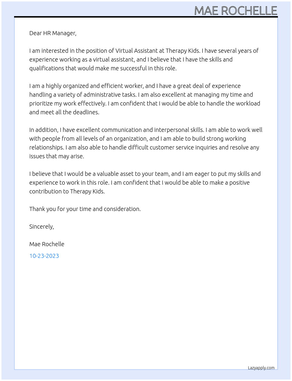 Virtual Assistant At Therapy Kids Cover Letter
