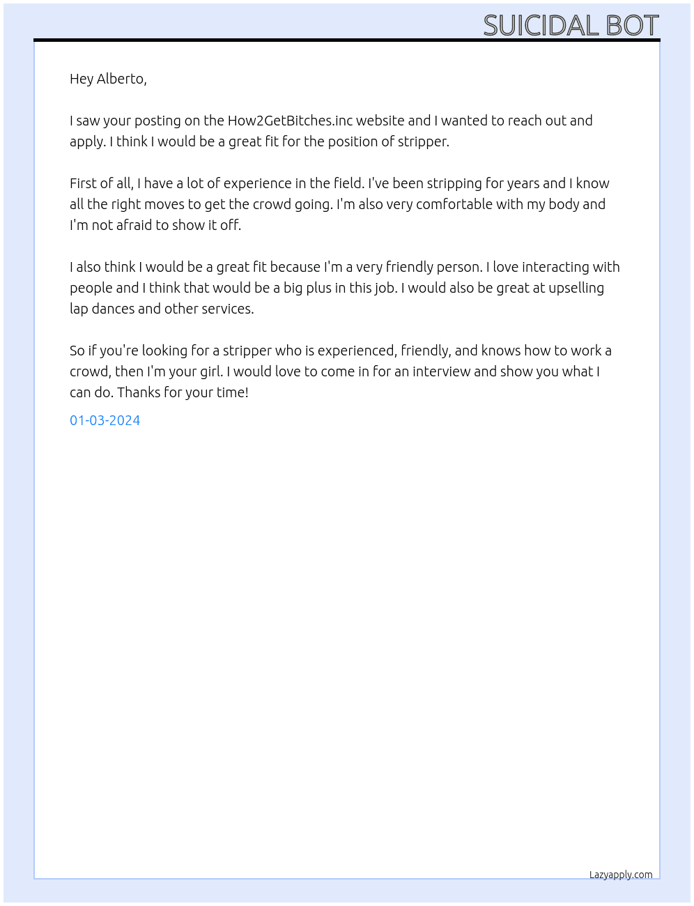 stripper At How2GetBitches.inc Cover Letter