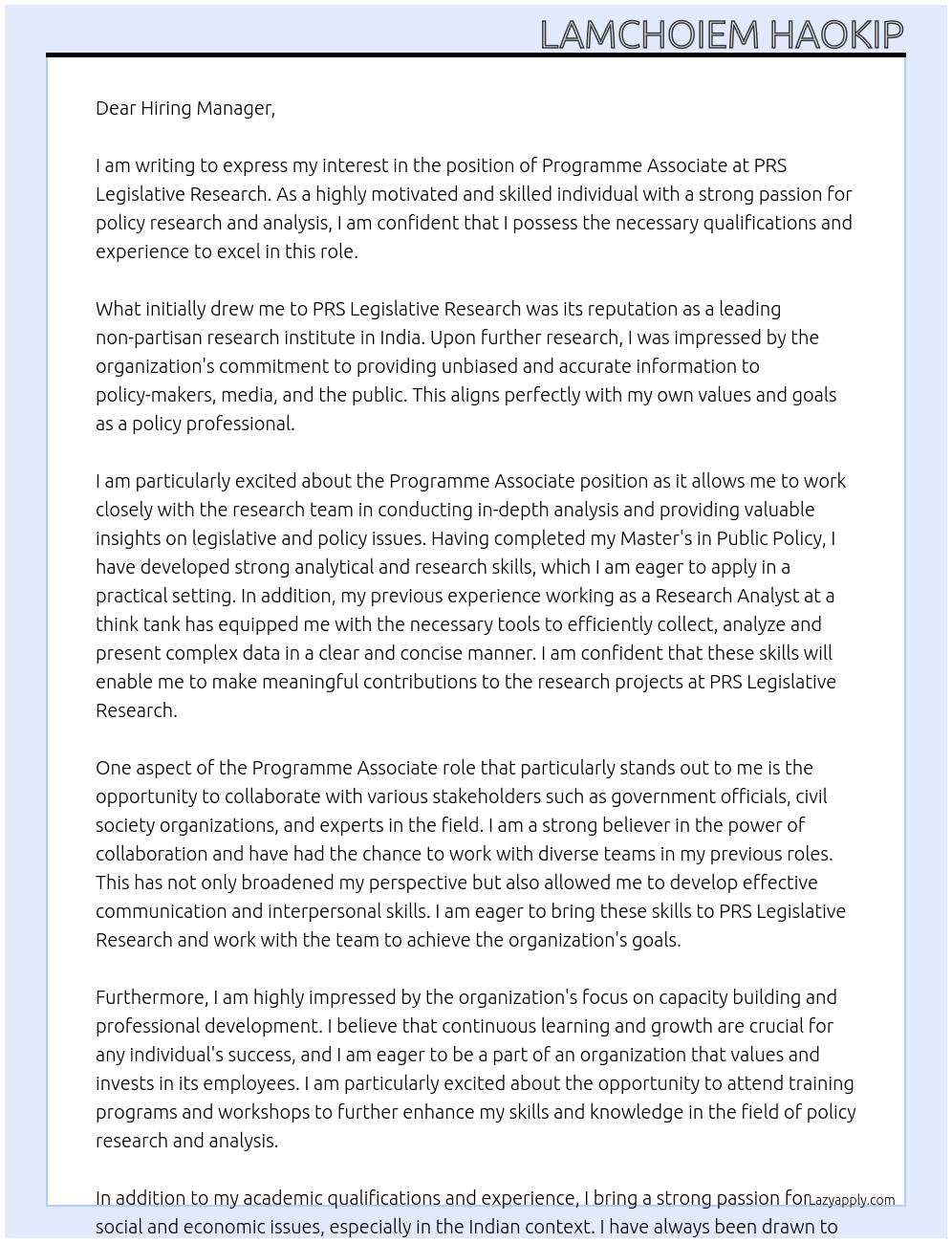 programme associate At PRS legislative research Cover Letter