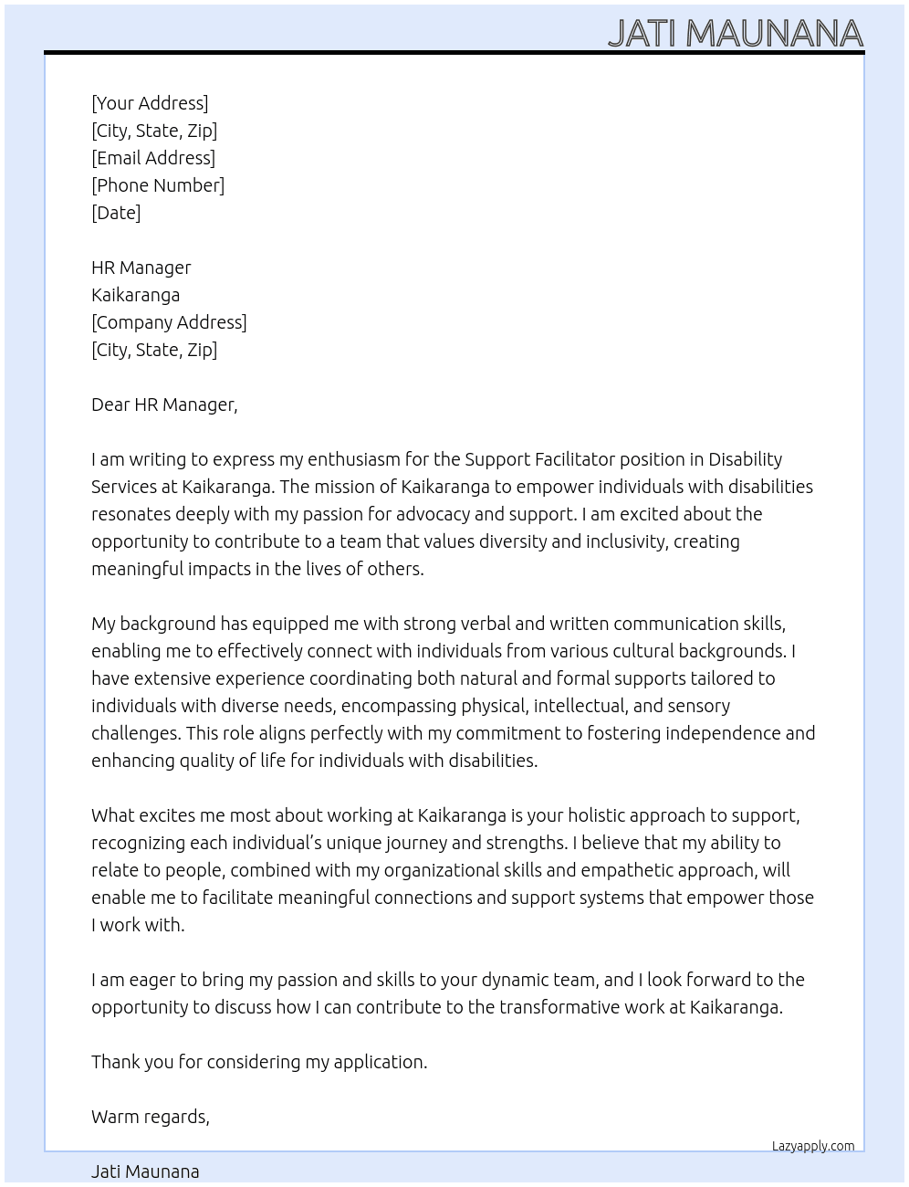 Cover letter for support facilitator, disability services - LazyApply