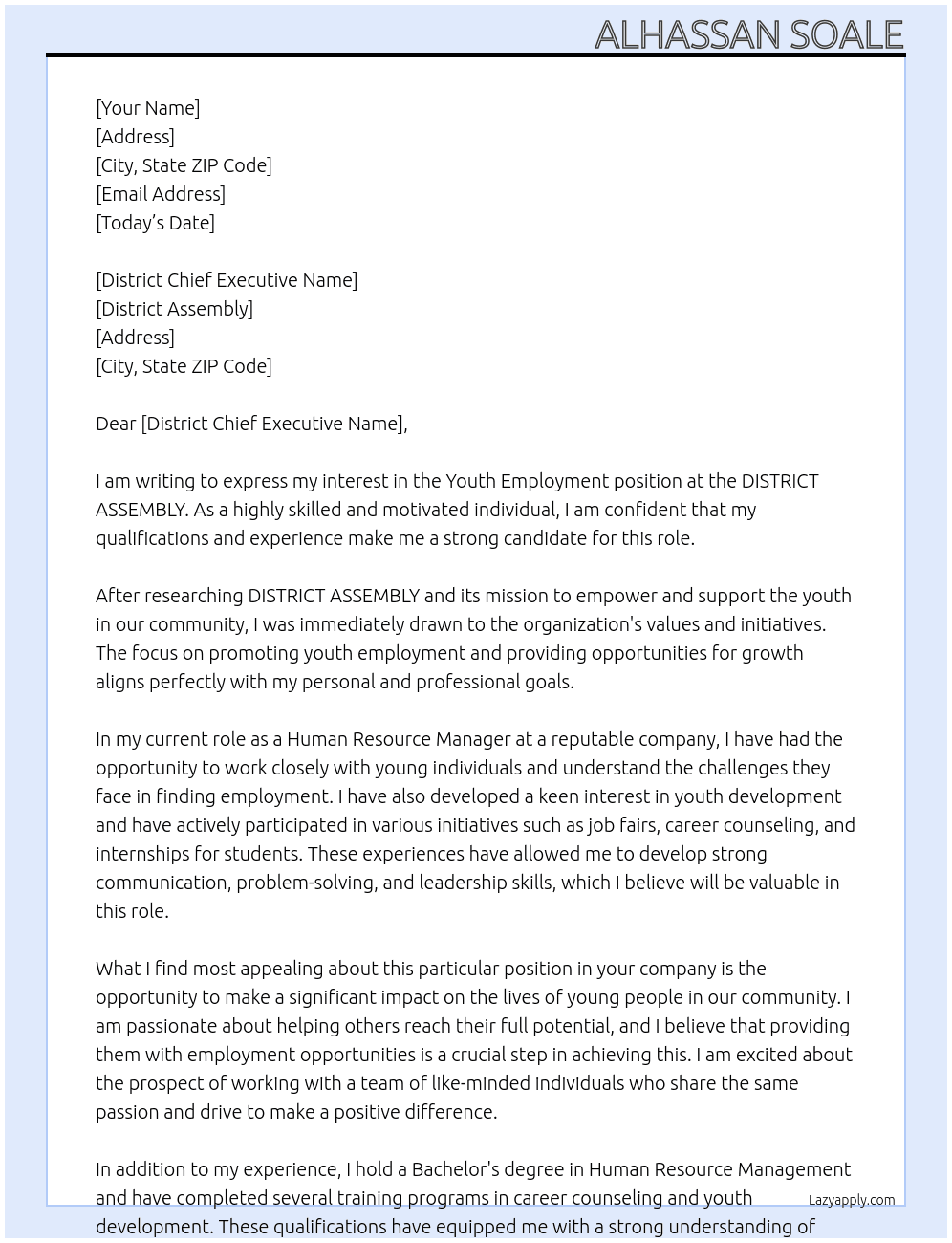 Youth employment  At DISTRICT ASSEMBLY  Cover Letter