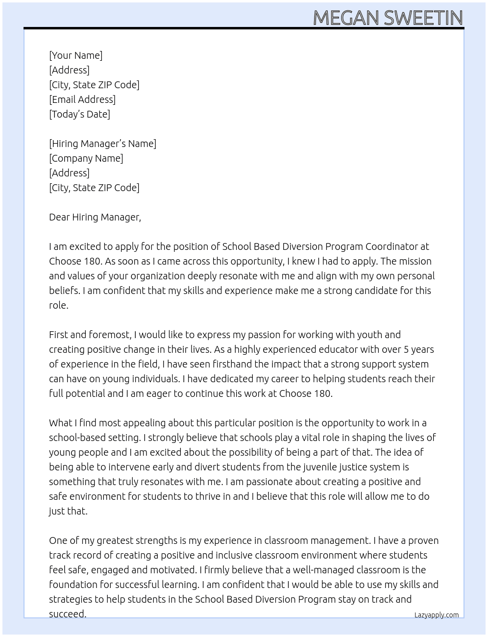 School Based Diversion Program Coordinator At Choose 180 Cover Letter