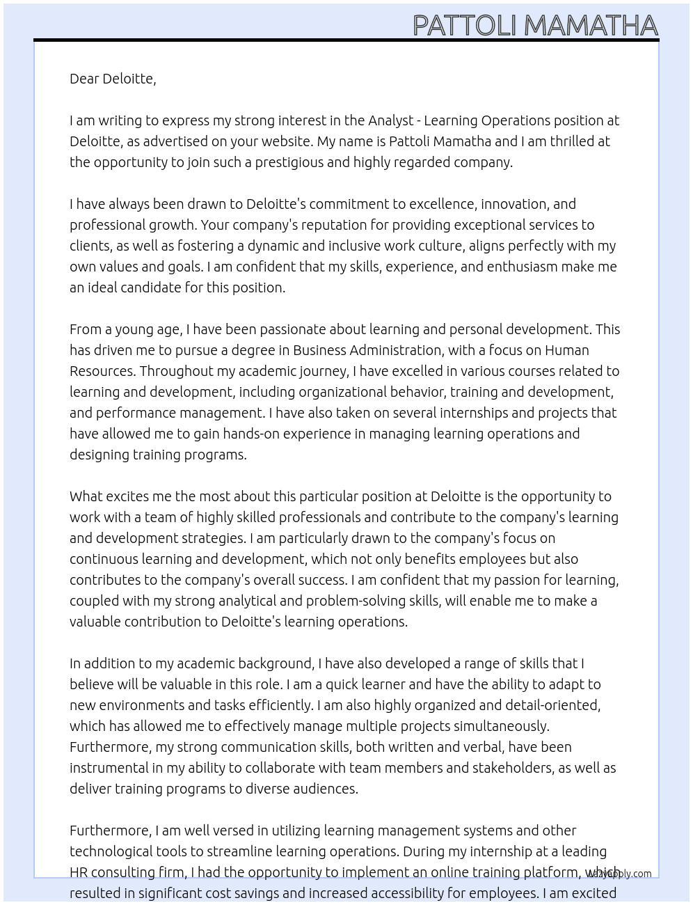 Analyst - Learning Operations At Deloitte  Cover Letter