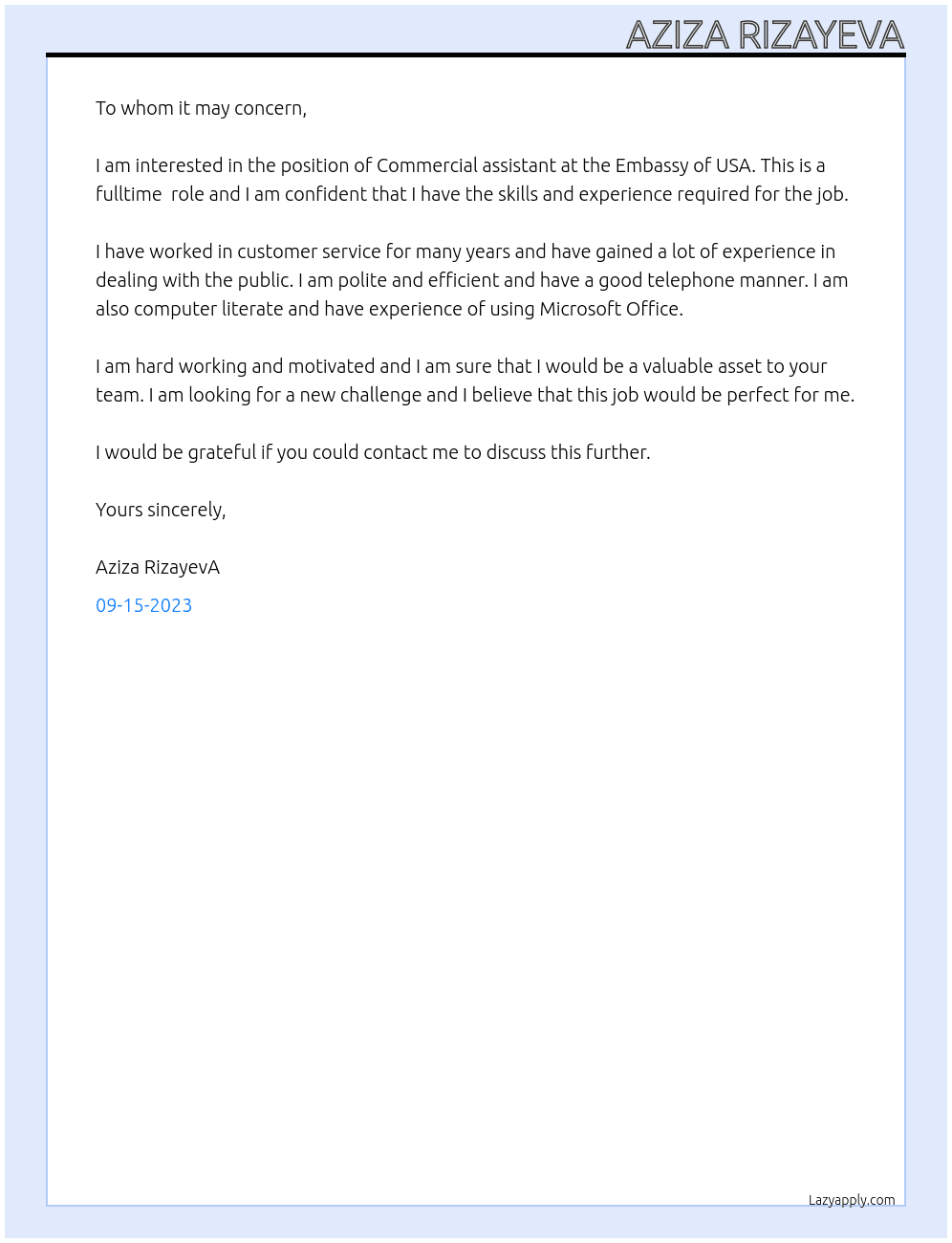 Commercial assistant At Embassy of USA Cover Letter