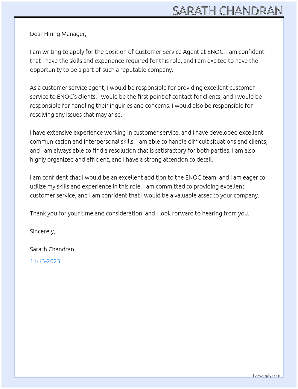 Customer Service Agent At ENOC Cover Letter
