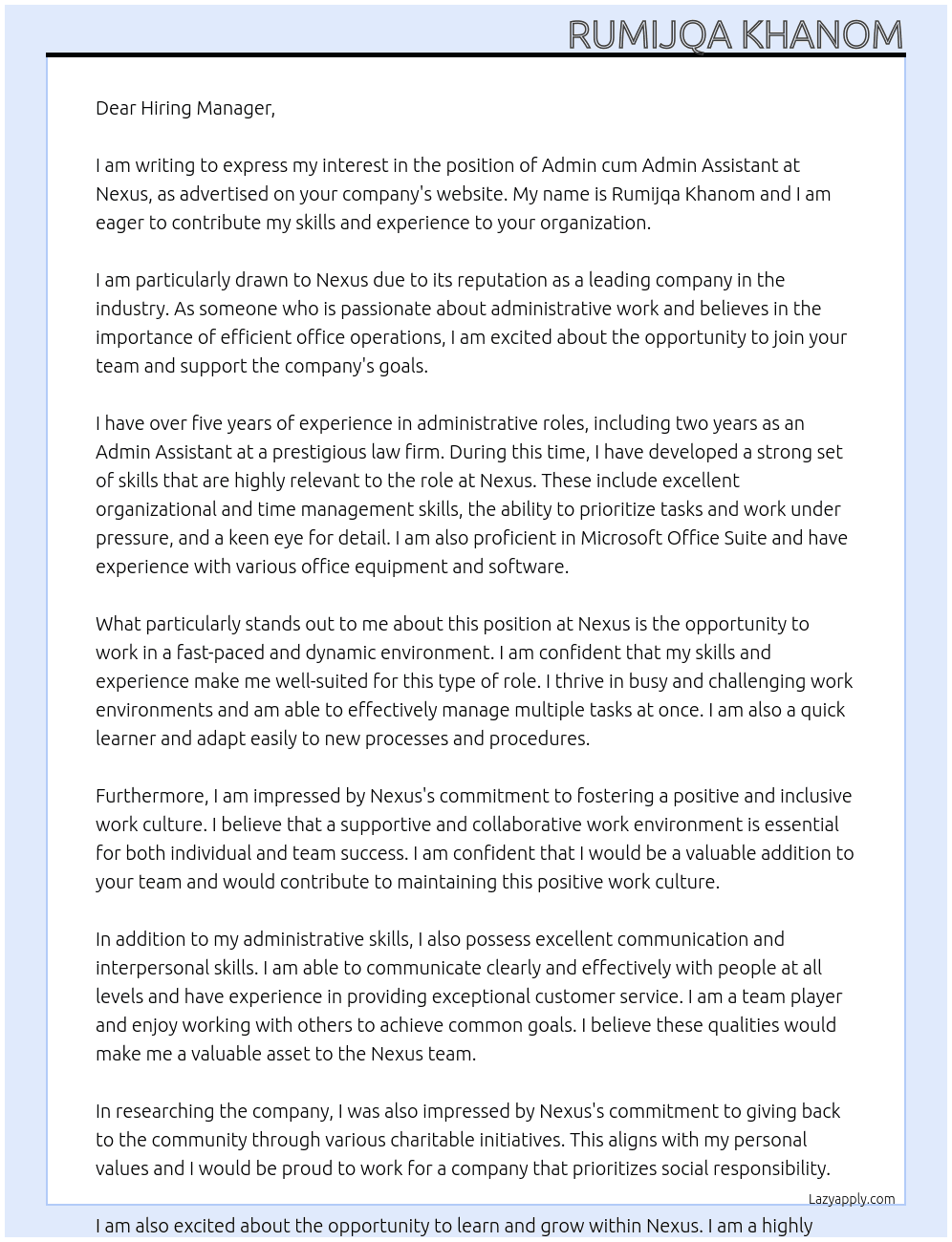 admin cum admin assistant At Nexus Cover Letter