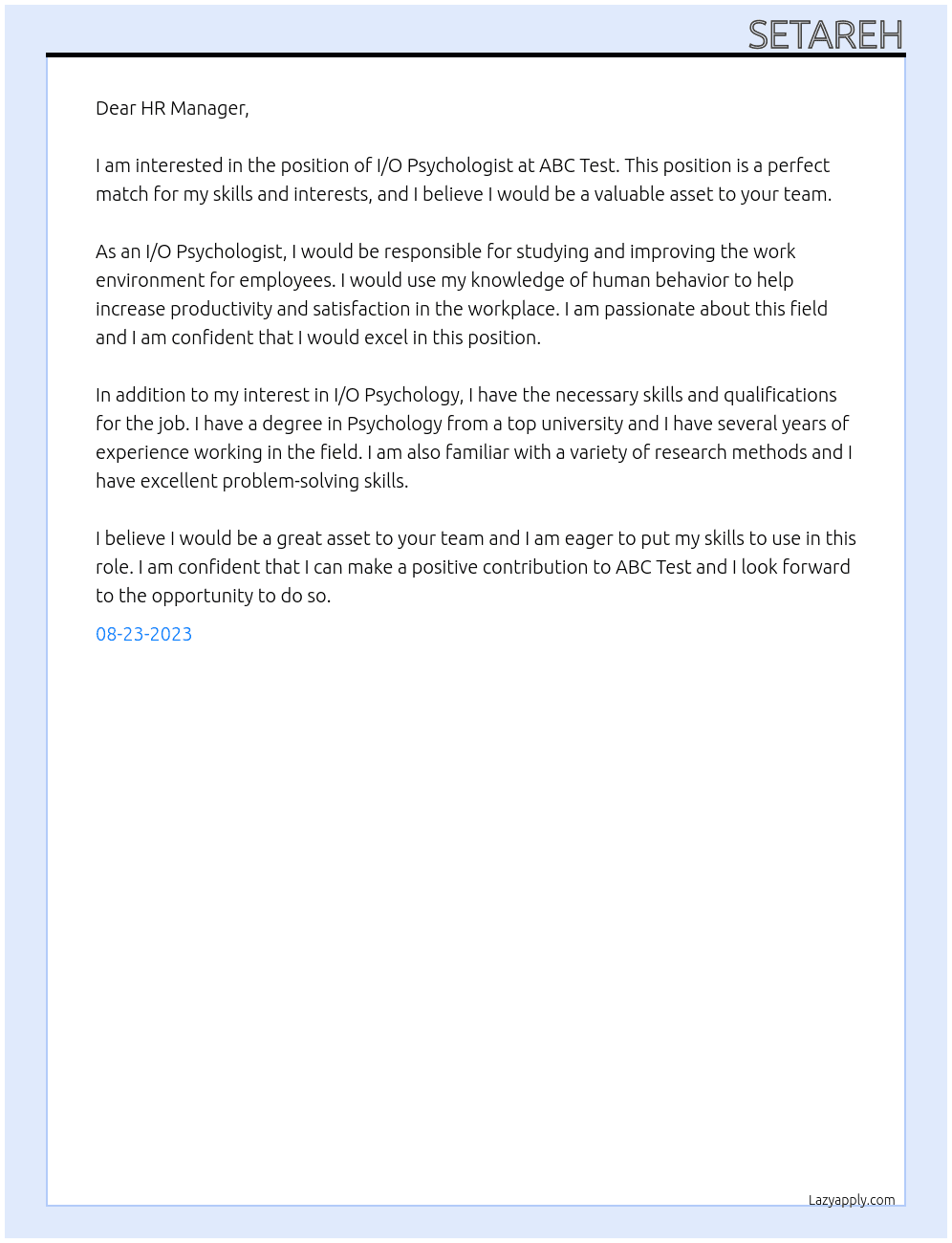 i/o psychologist At abc test Cover Letter