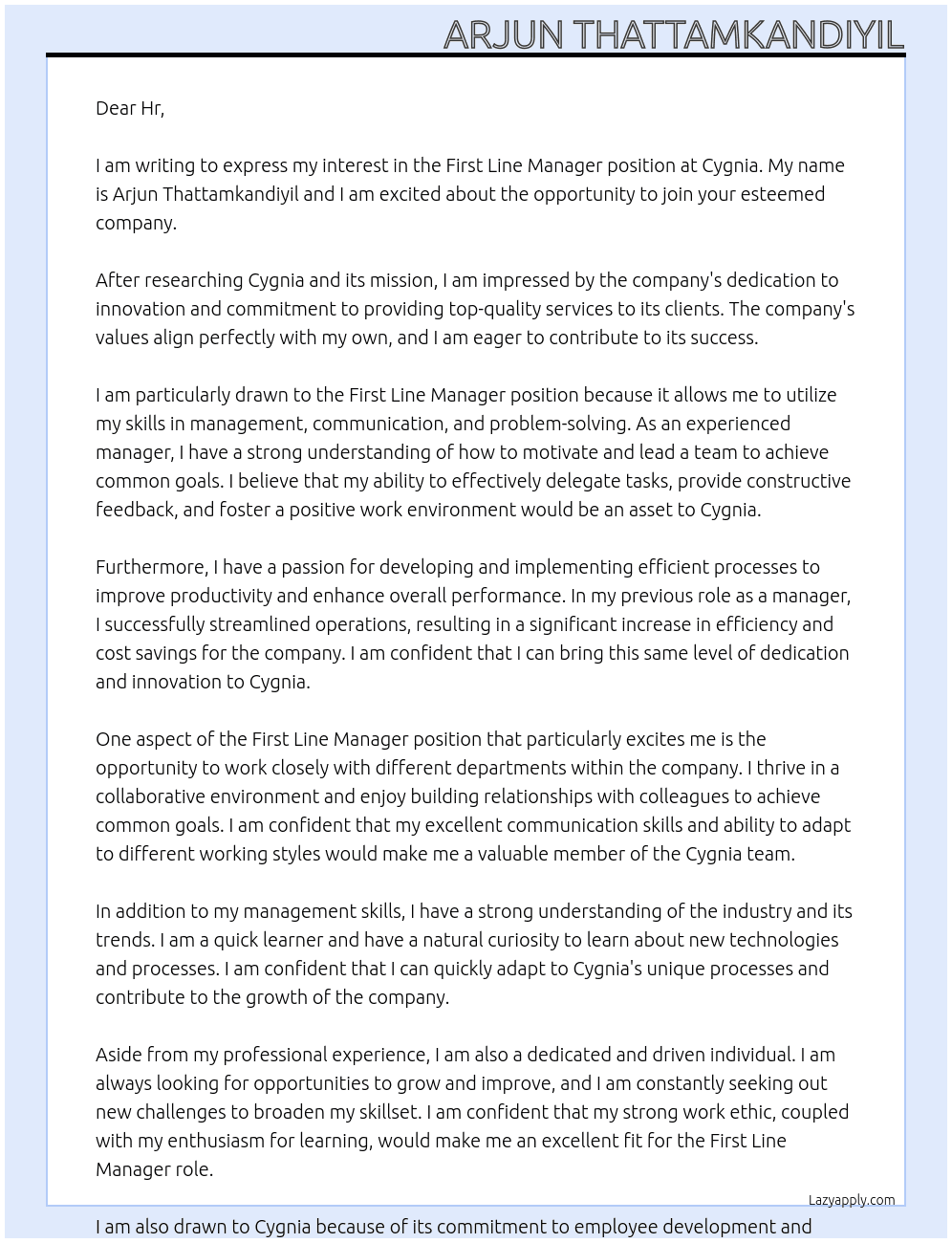 First Line Manager At Cygnia Cover Letter