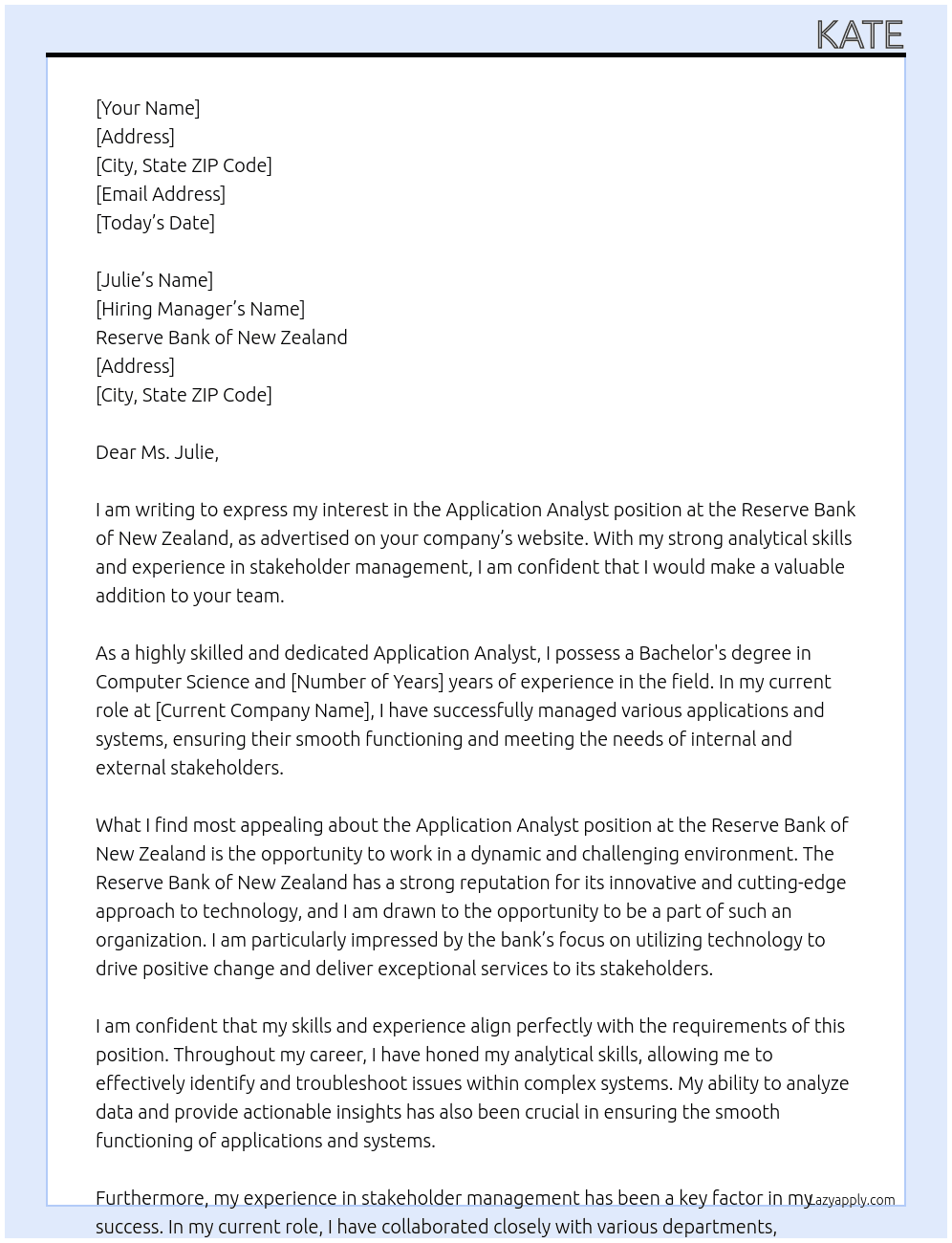Application Analyst At Reserve Bank of New Zealand Cover Letter