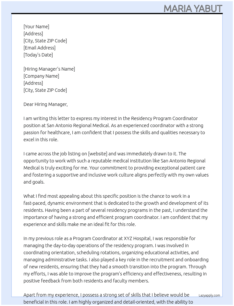 Residency Program Coordinator At San Antonio Regional Medical Cover Letter
