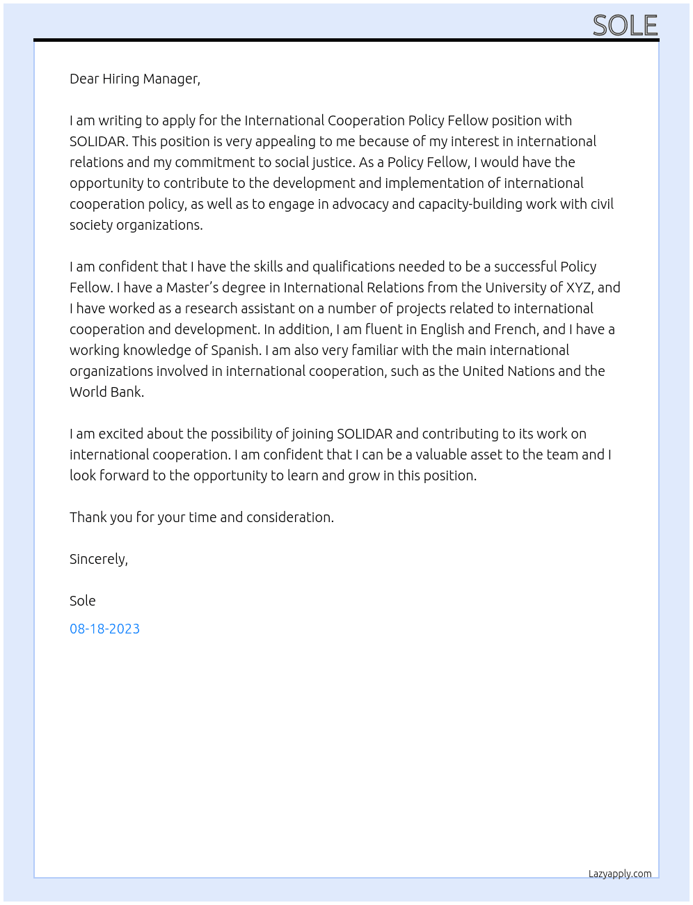 International Cooperation Policy Fellow At SOLIDAR Cover Letter