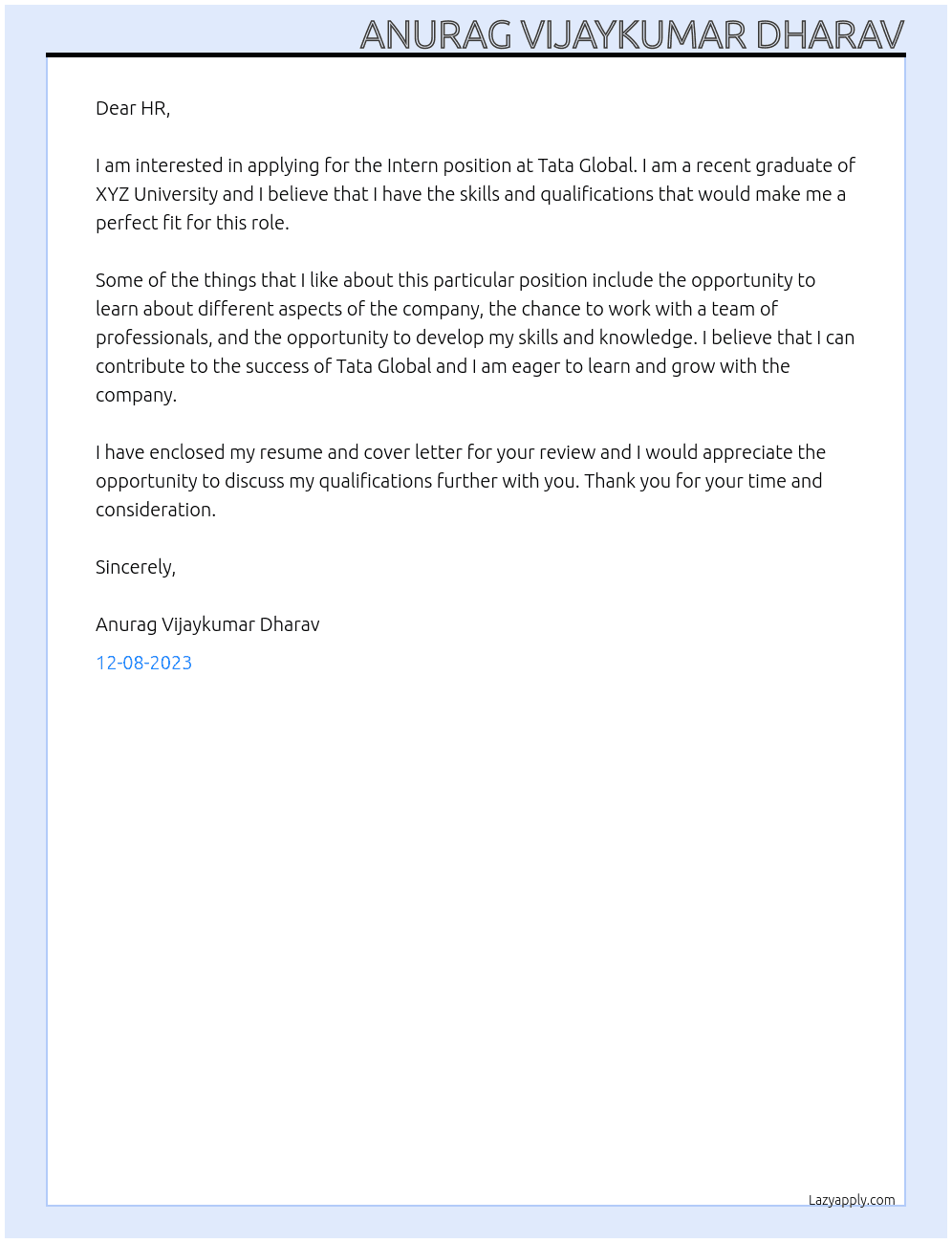 Intern At Tata gobal internship Cover Letter
