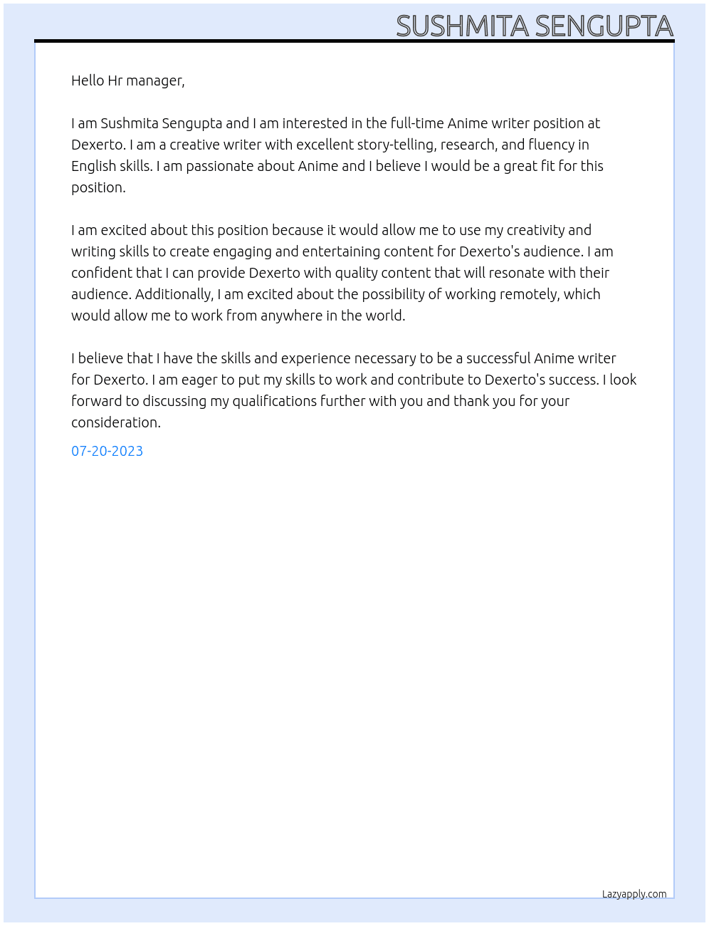 Anime writer At Dexerto Cover Letter