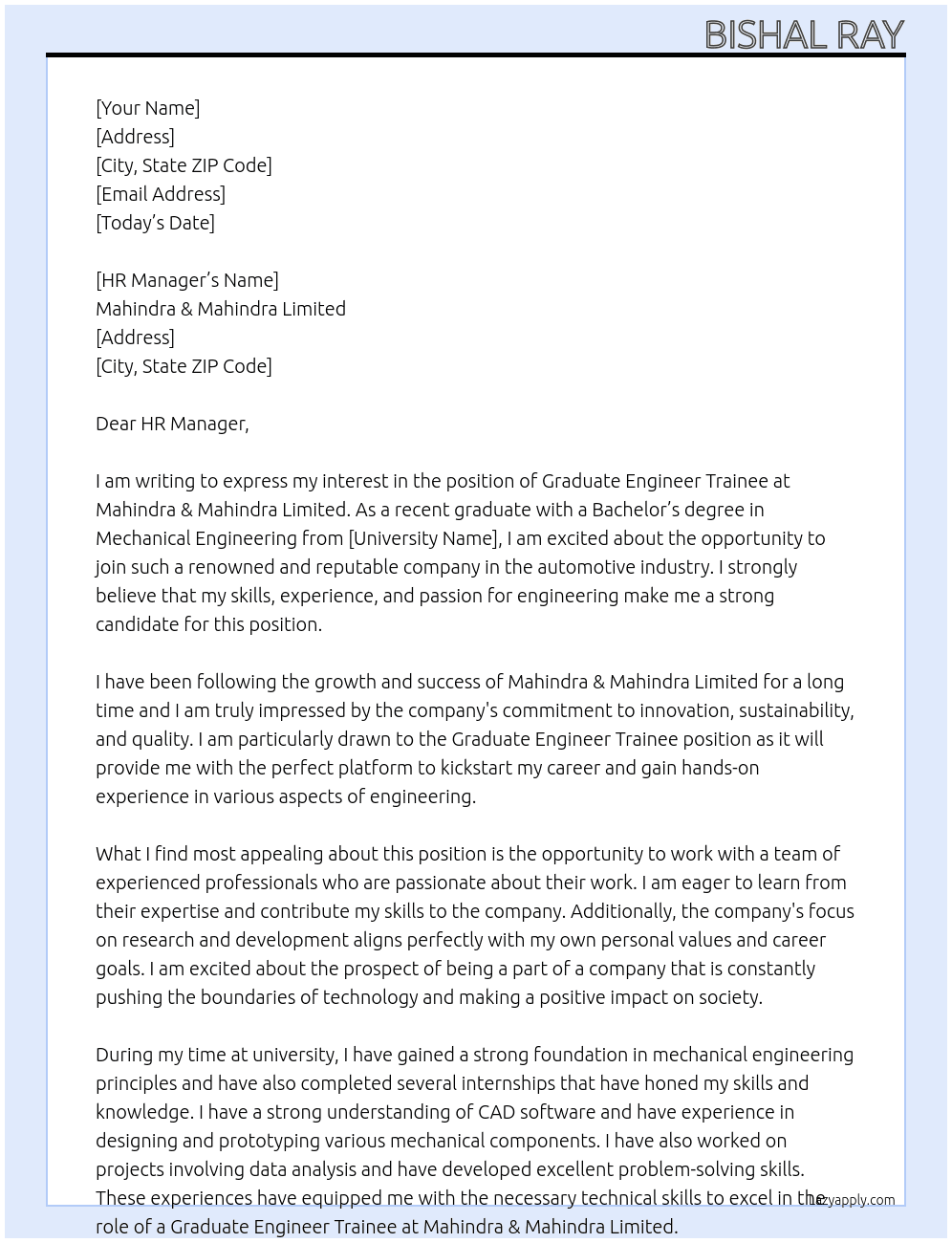 GRADUATE ENGINEER TRAINEE At Mahindra & Mahindra Limited Cover Letter