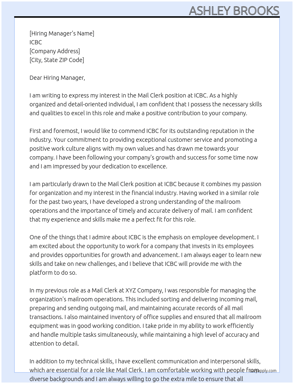 Mail Clerk At ICBC Cover Letter