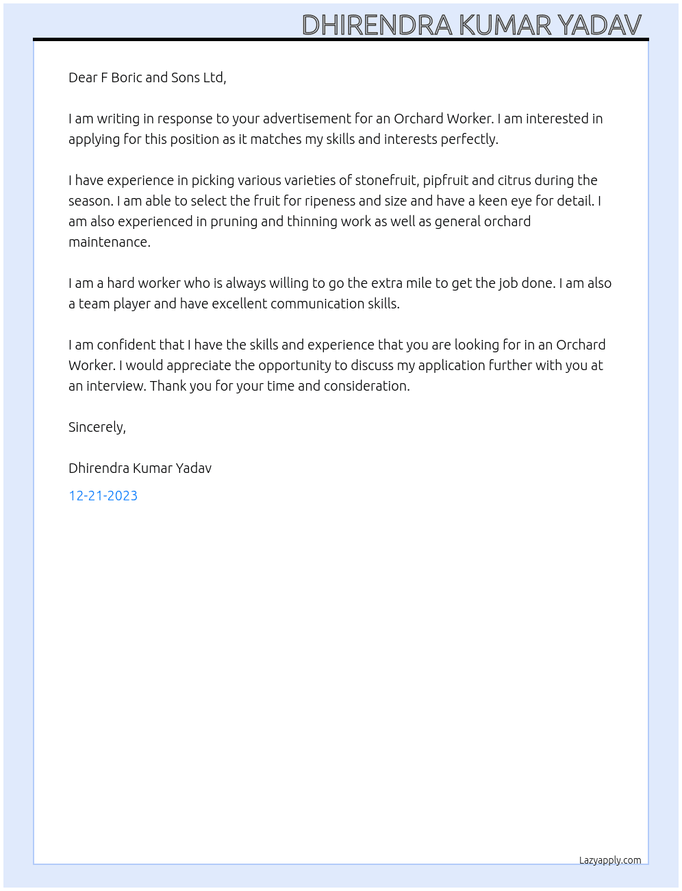 Orchard Worker At F Boric and Sons Ltd Cover Letter
