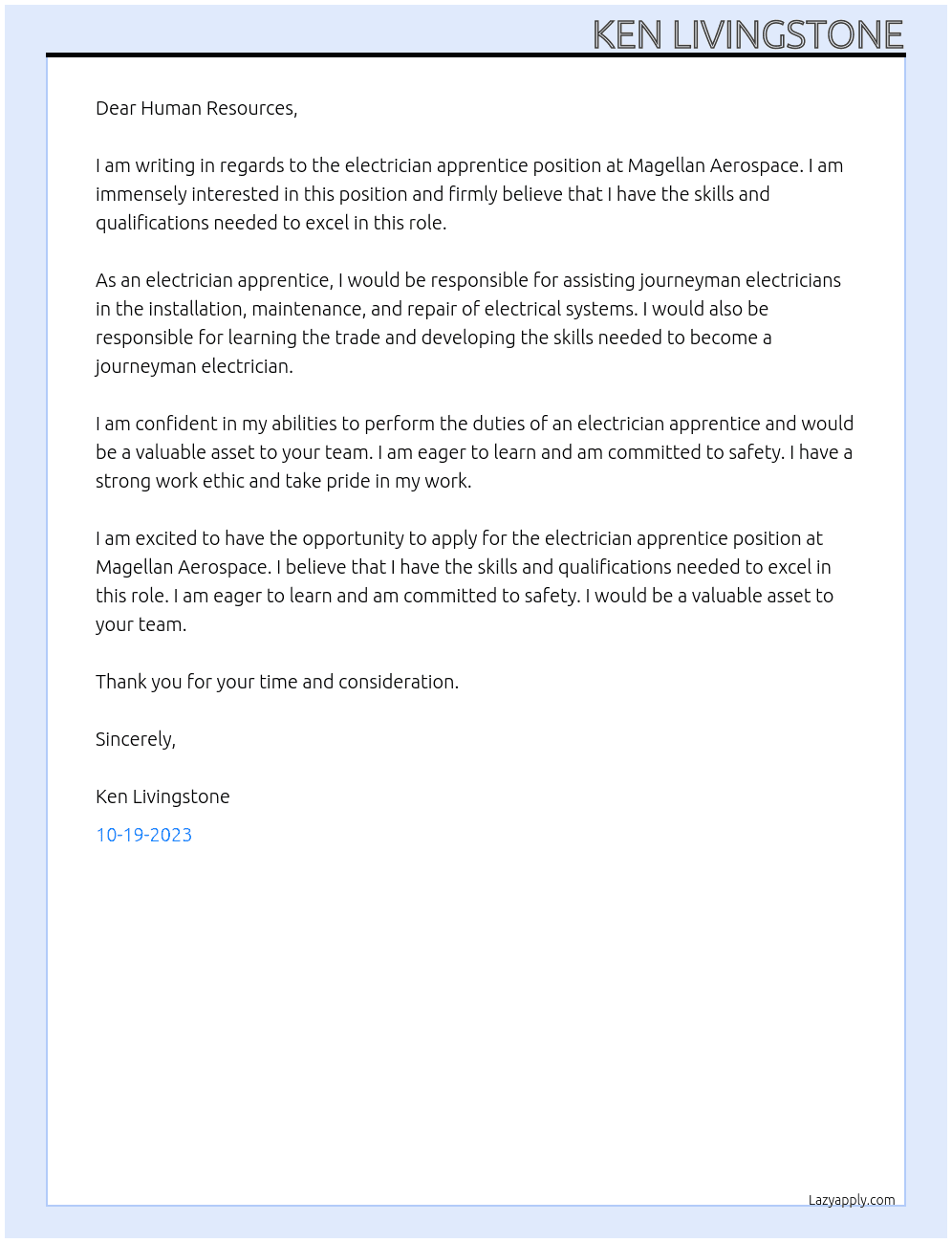 Electrician Apprentice  At Magellan  Aerospace  Cover Letter