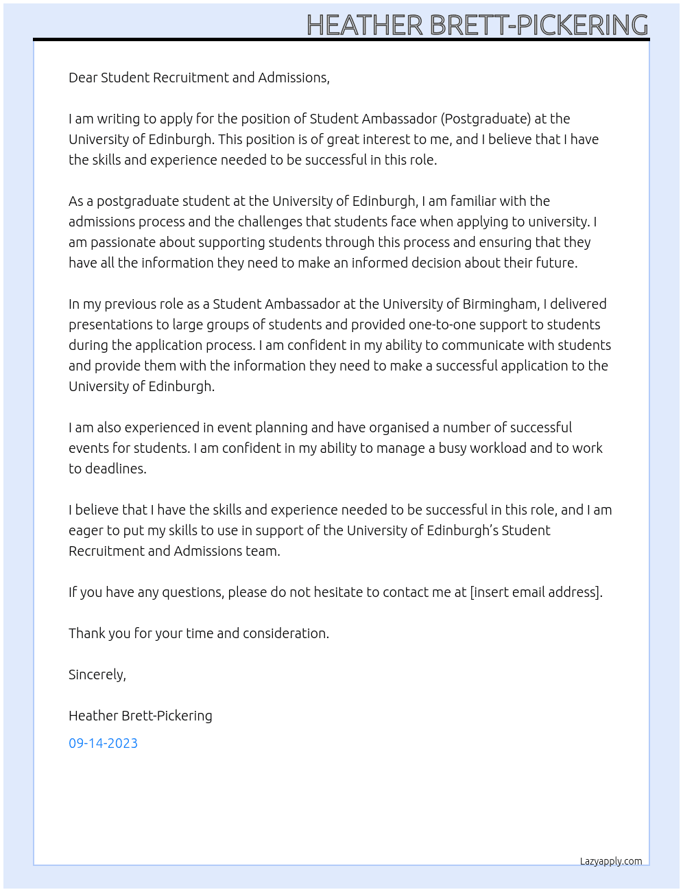 Student Ambassador (Postgraduate) At University of Edinburgh Cover Letter