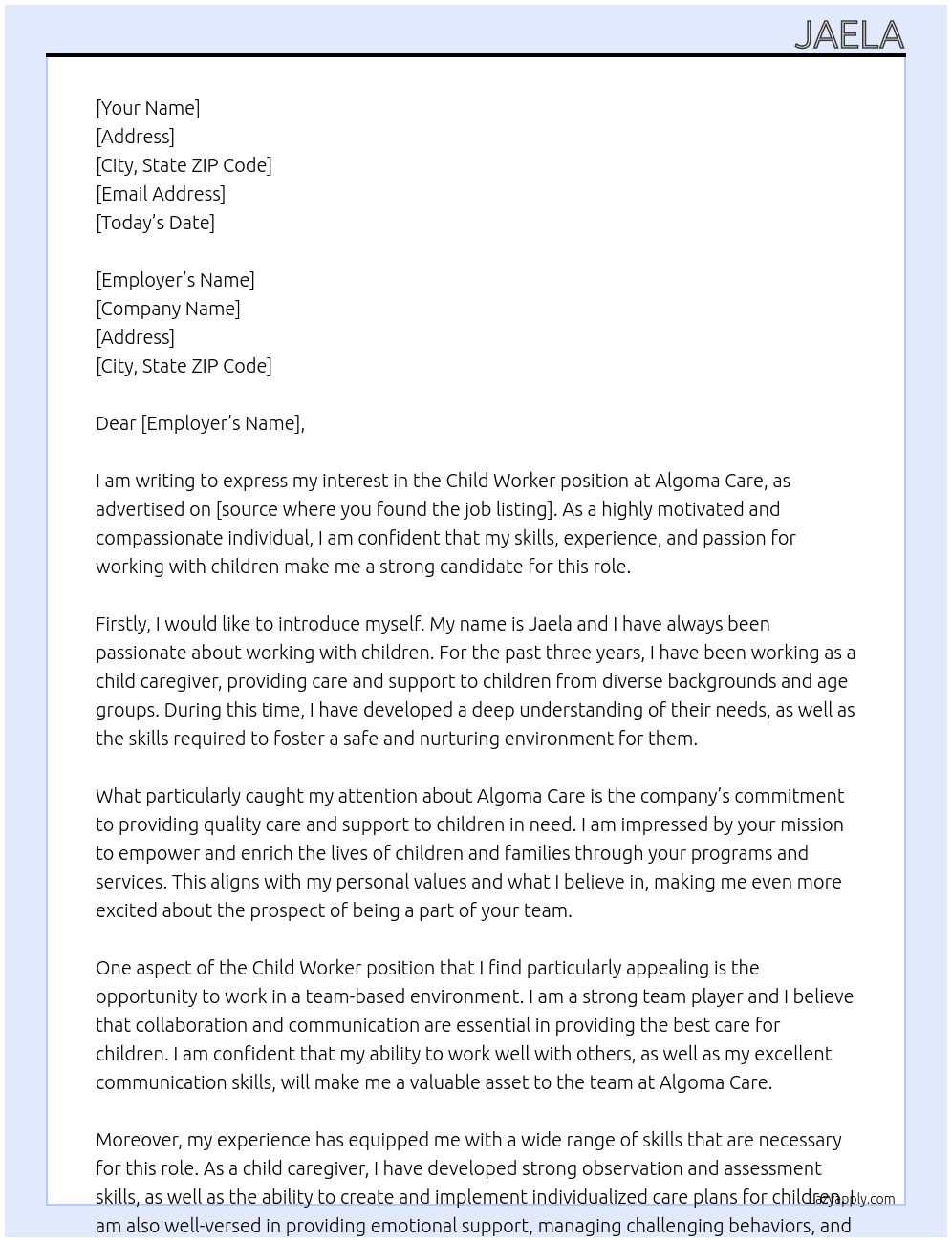 Child Worker  At Algoma Care  Cover Letter