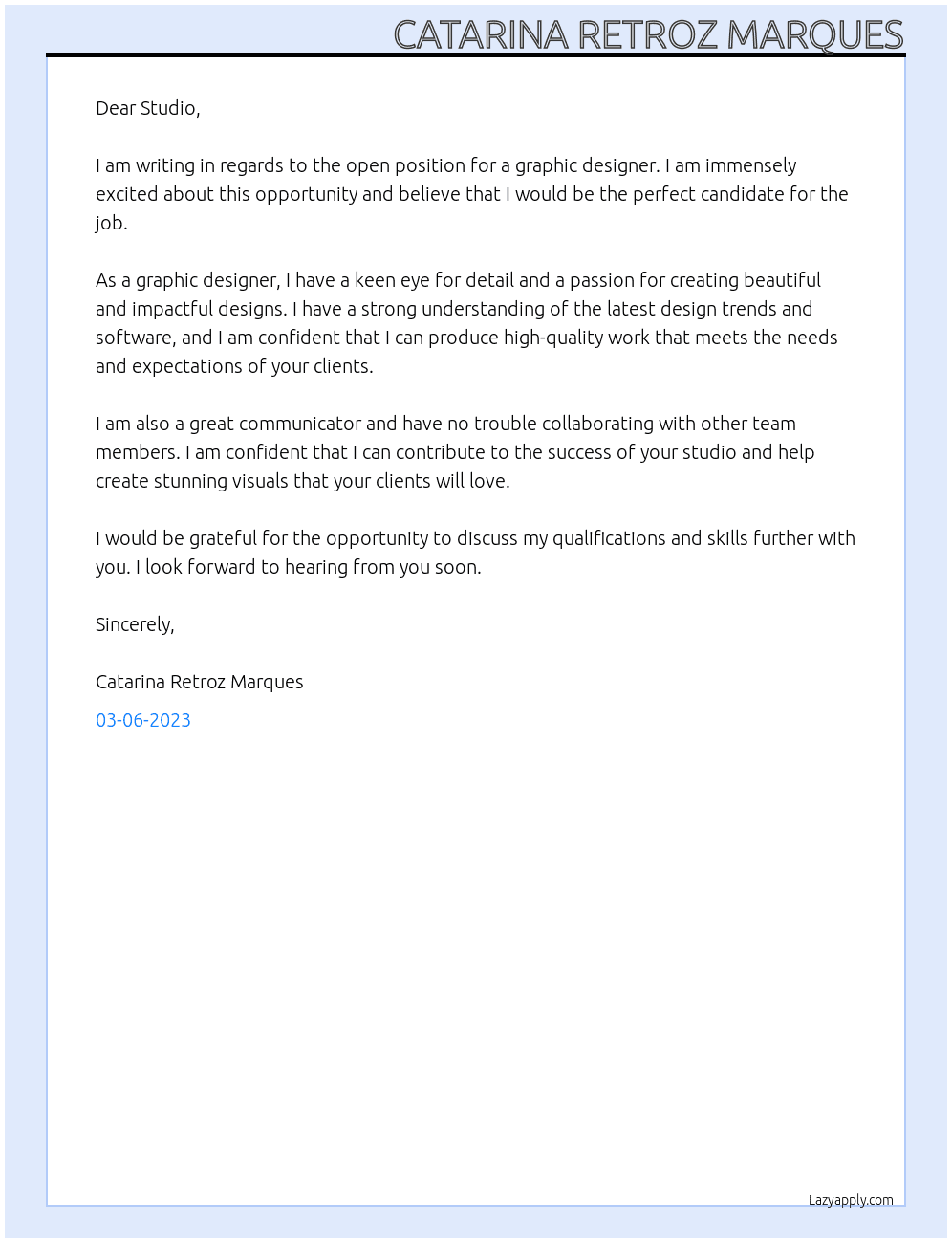 Graphic Designer At Studio Cover Letter