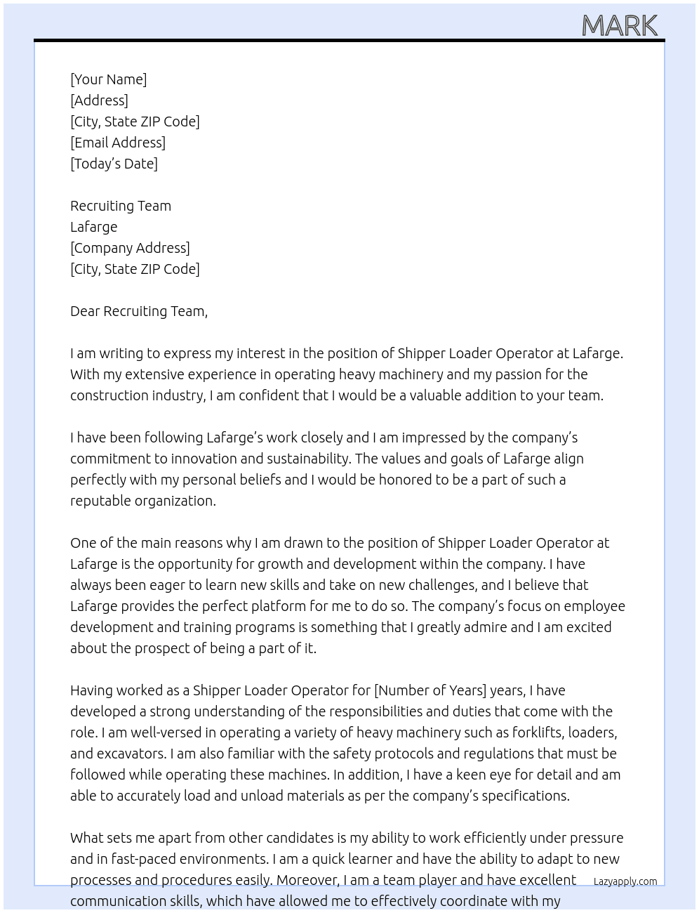shipper loader operator At Lafarge  Cover Letter
