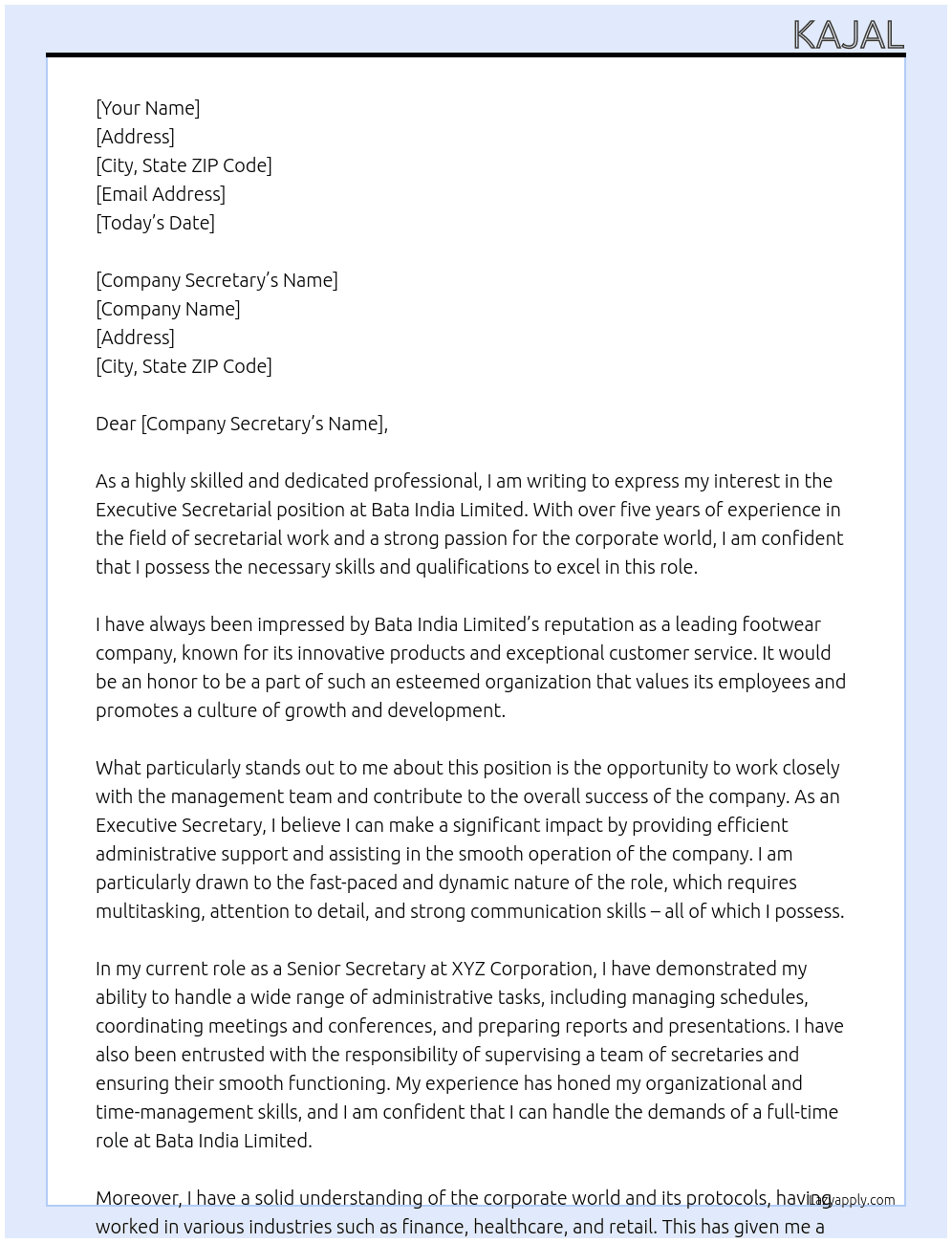 Executive Secretarial  At Bata India Limited  Cover Letter