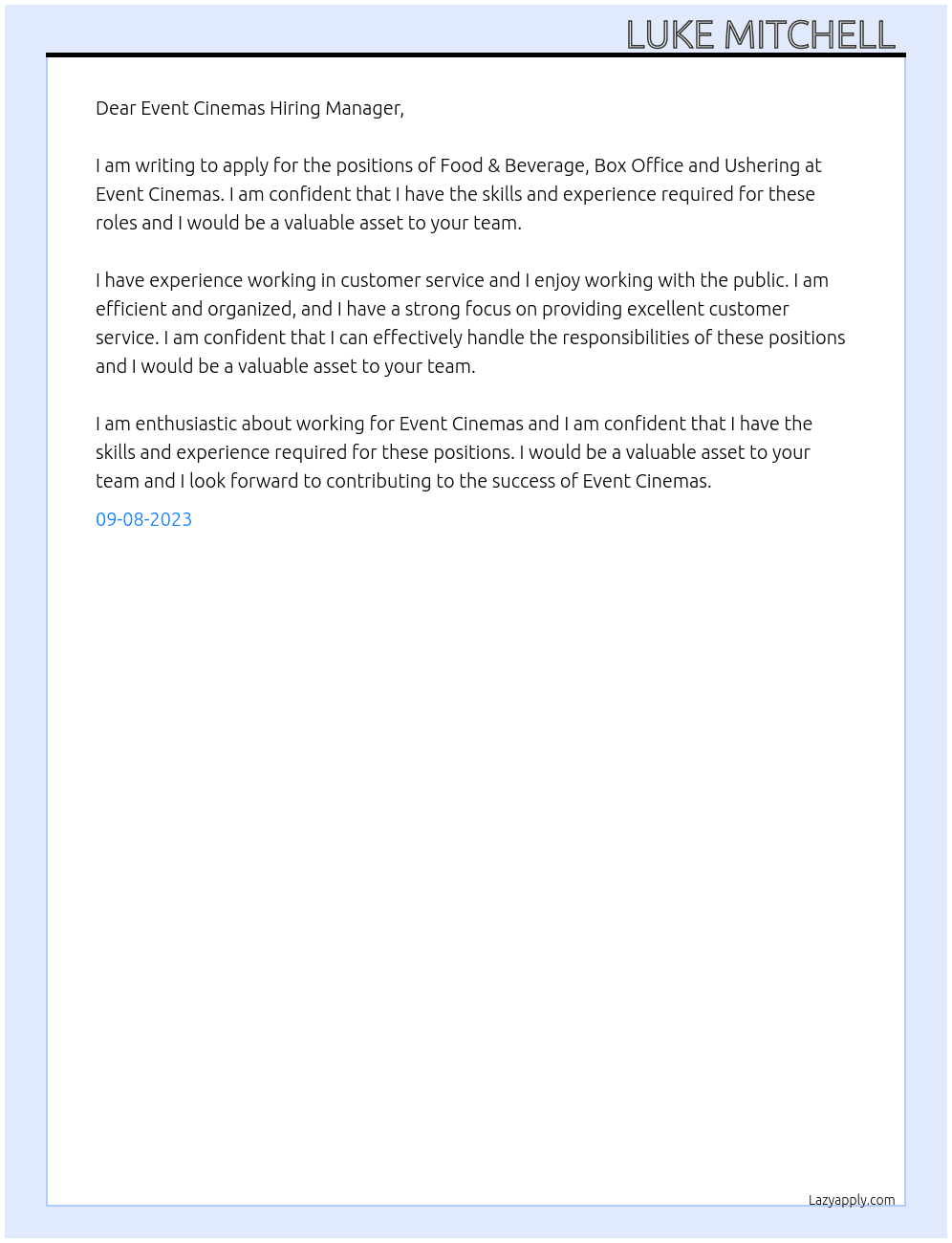 Food & Beverage, Box Office and Ushering At Event cinemas  Cover Letter