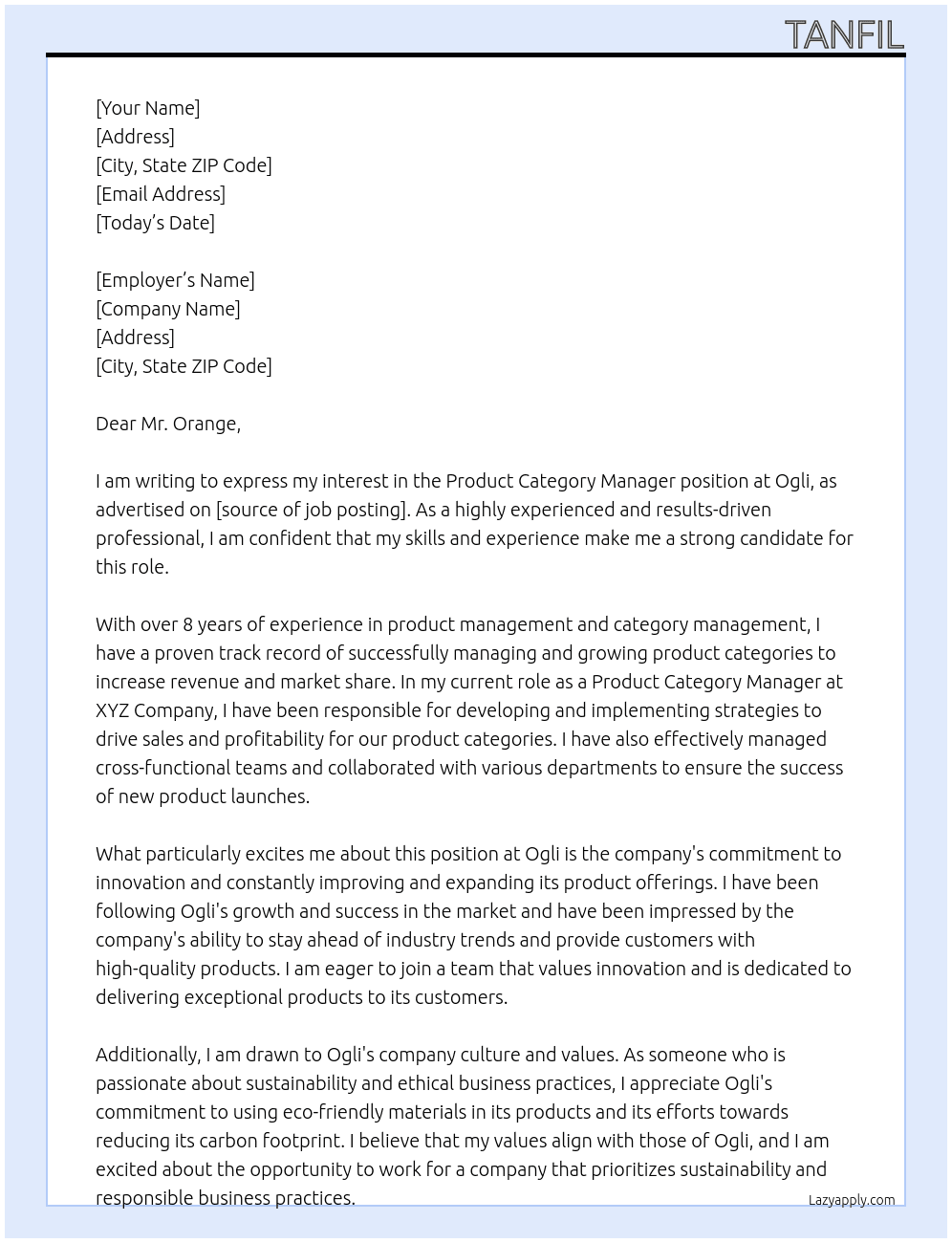 Product category manager At Ogli Cover Letter