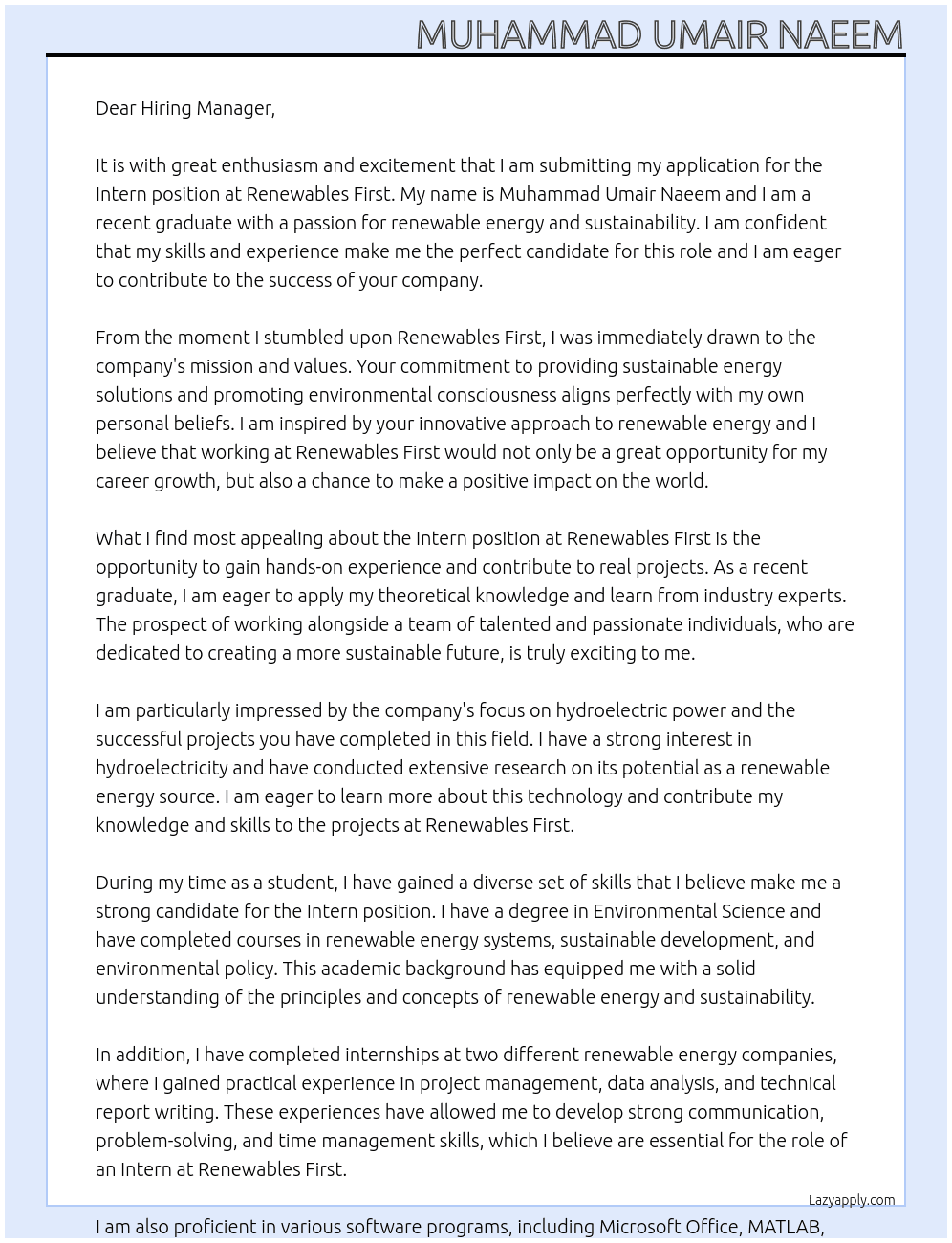 Intern At Renewables First Cover Letter
