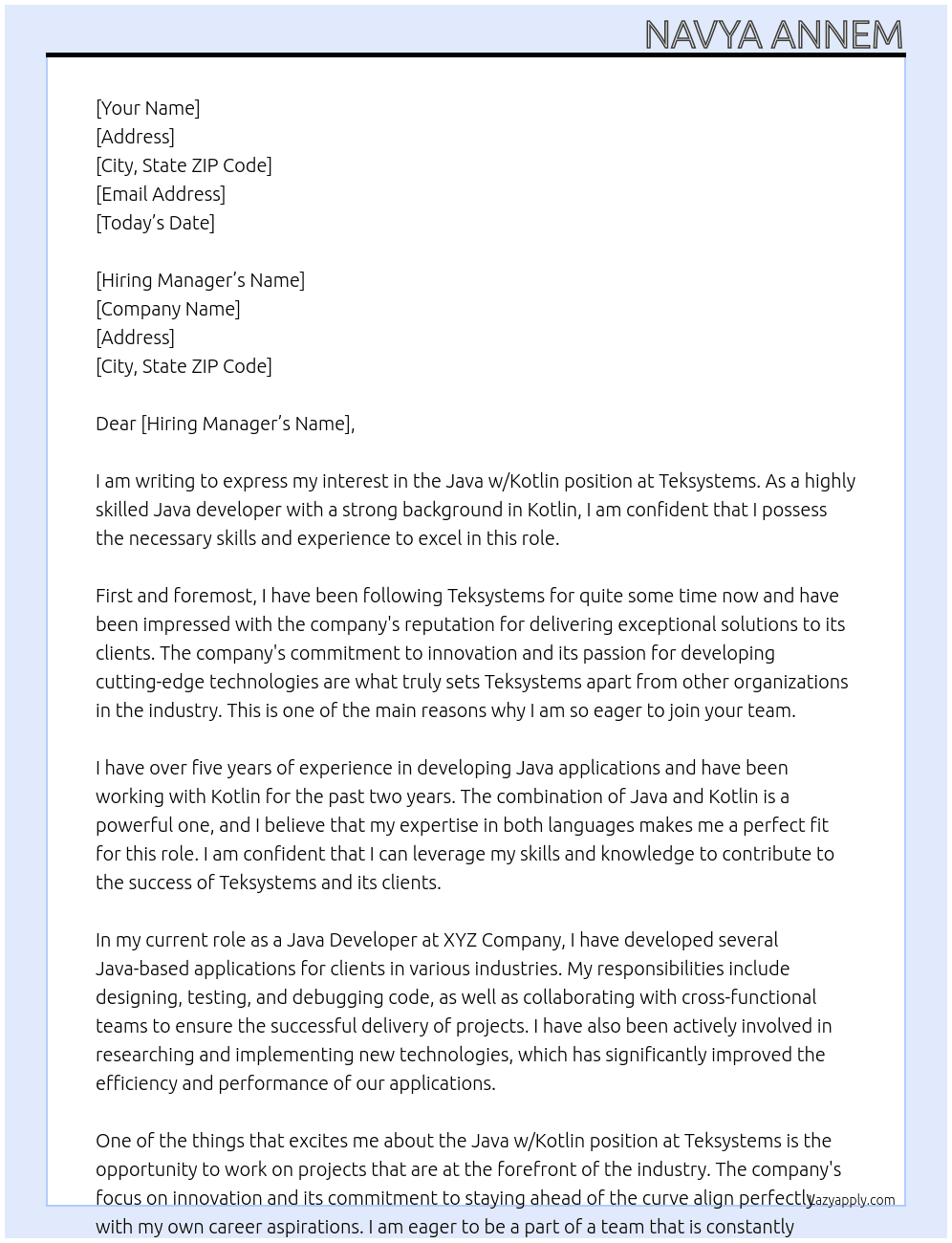 JAVA W/KOTLIN At Teksystems Cover Letter