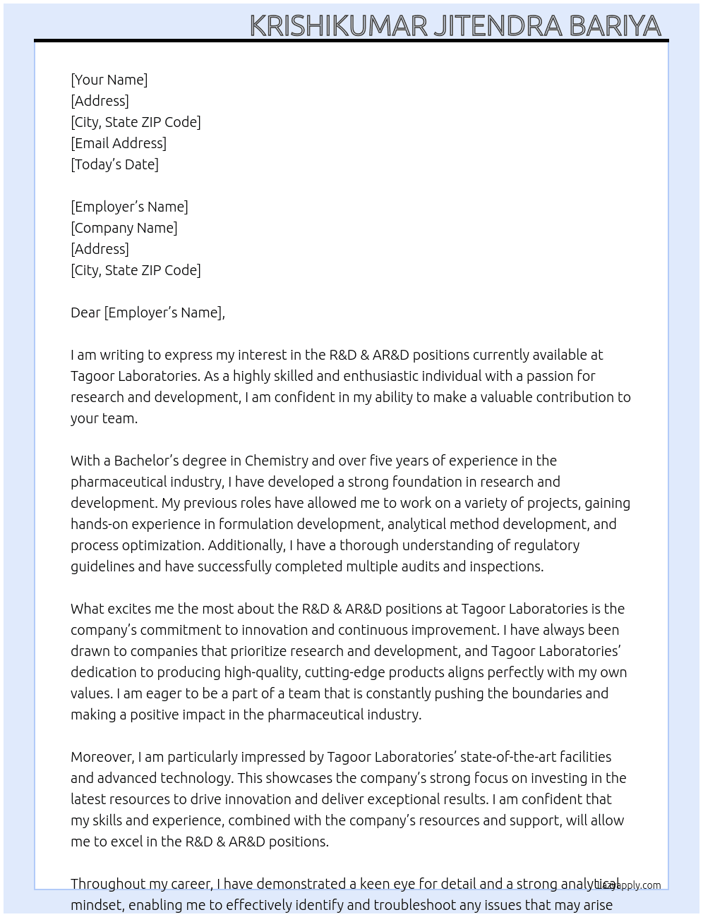 R&D & AR&D  At Tagoor laboratories Cover Letter