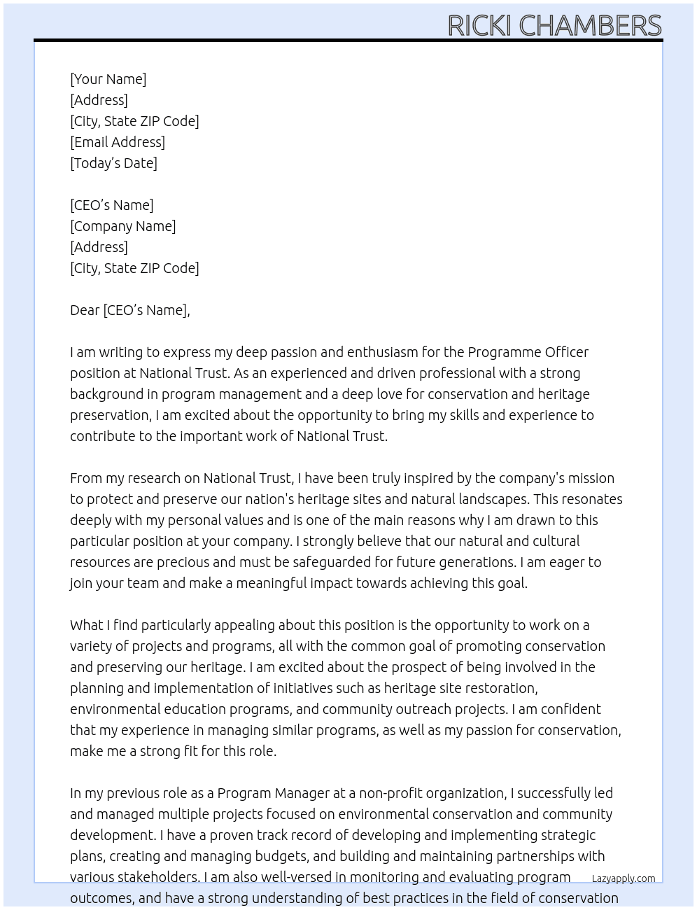 Programme Officer At National Trust Cover Letter