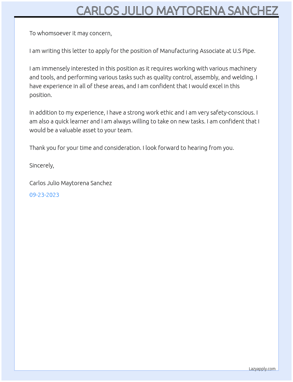Manufacturing Associate At U.S Pipe Cover Letter