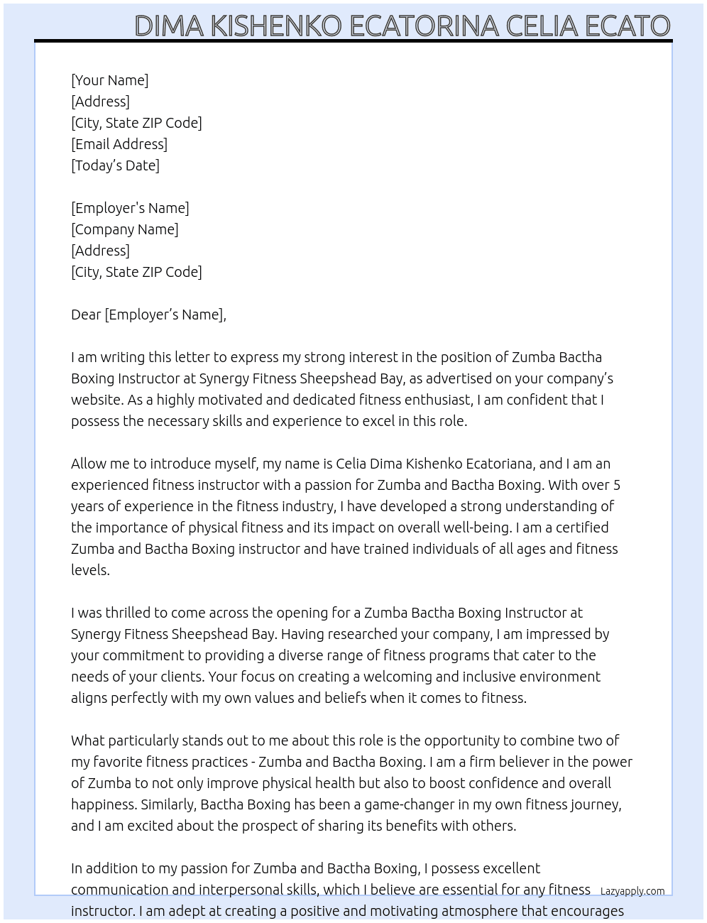 zumba Bactha boxing  At synergy fitness sheepshead bay Cover Letter