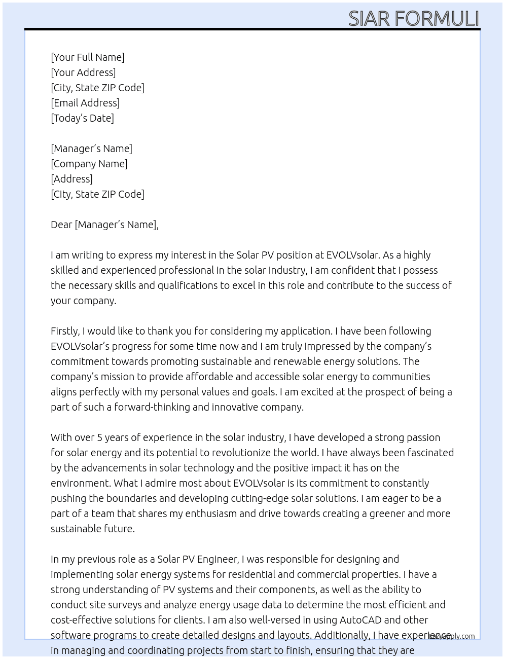 solar pv At EVOLVsolar Cover Letter