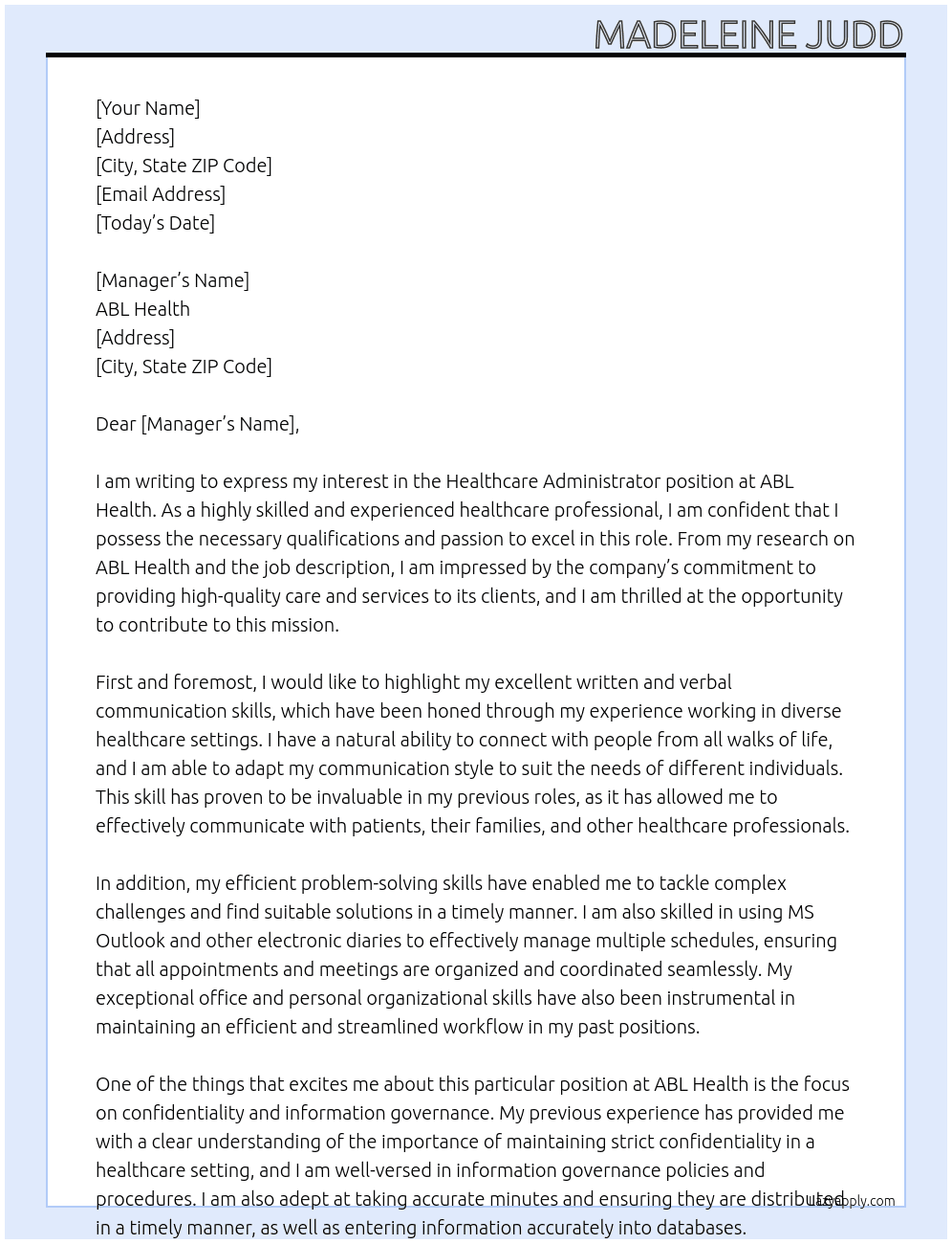 Healthcare administrator At ABL Health Cover Letter