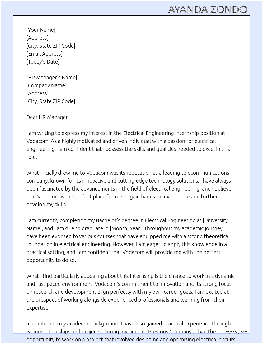Electrical Engineering Internship  At Vodacom  Cover Letter