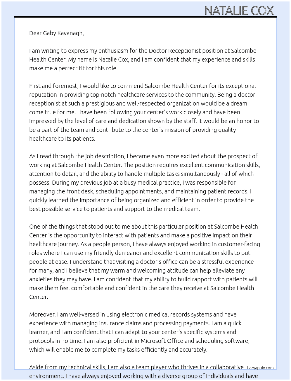 Cover letter for doctor receptionist - LazyApply